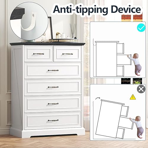 Miniatura 7 de Cómoda de 6 cajones para dormitorio, cofre de cajones de madera de 43" de alto, cómoda rústica de granja con cajones grandes y asas de metal