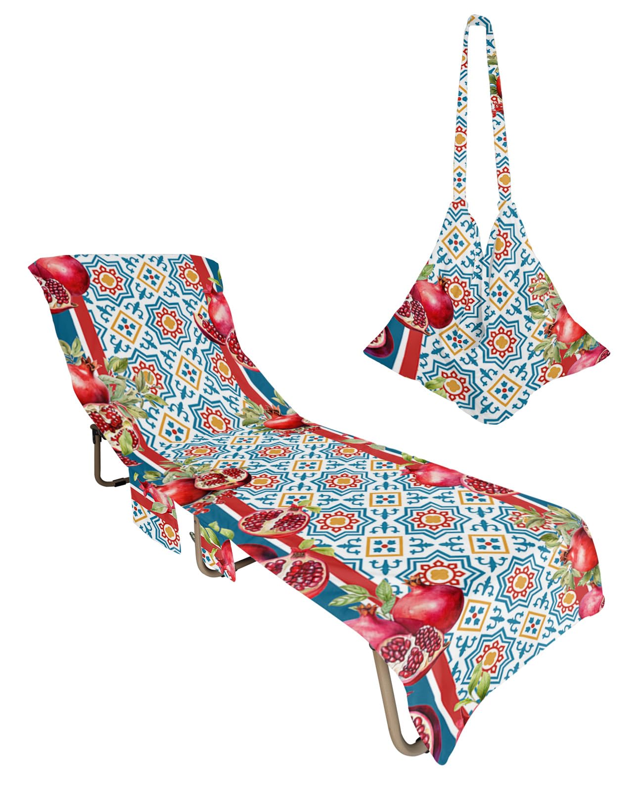 Pomegranate Beach Lounge Chair Towel Cover, Soft Chaise Lounge Towel with Side Pockets Patio Pool Chairs Cover for Beach/Pool Sunbathing 29x85 Red Fruits Blue Yellow Red Geometric