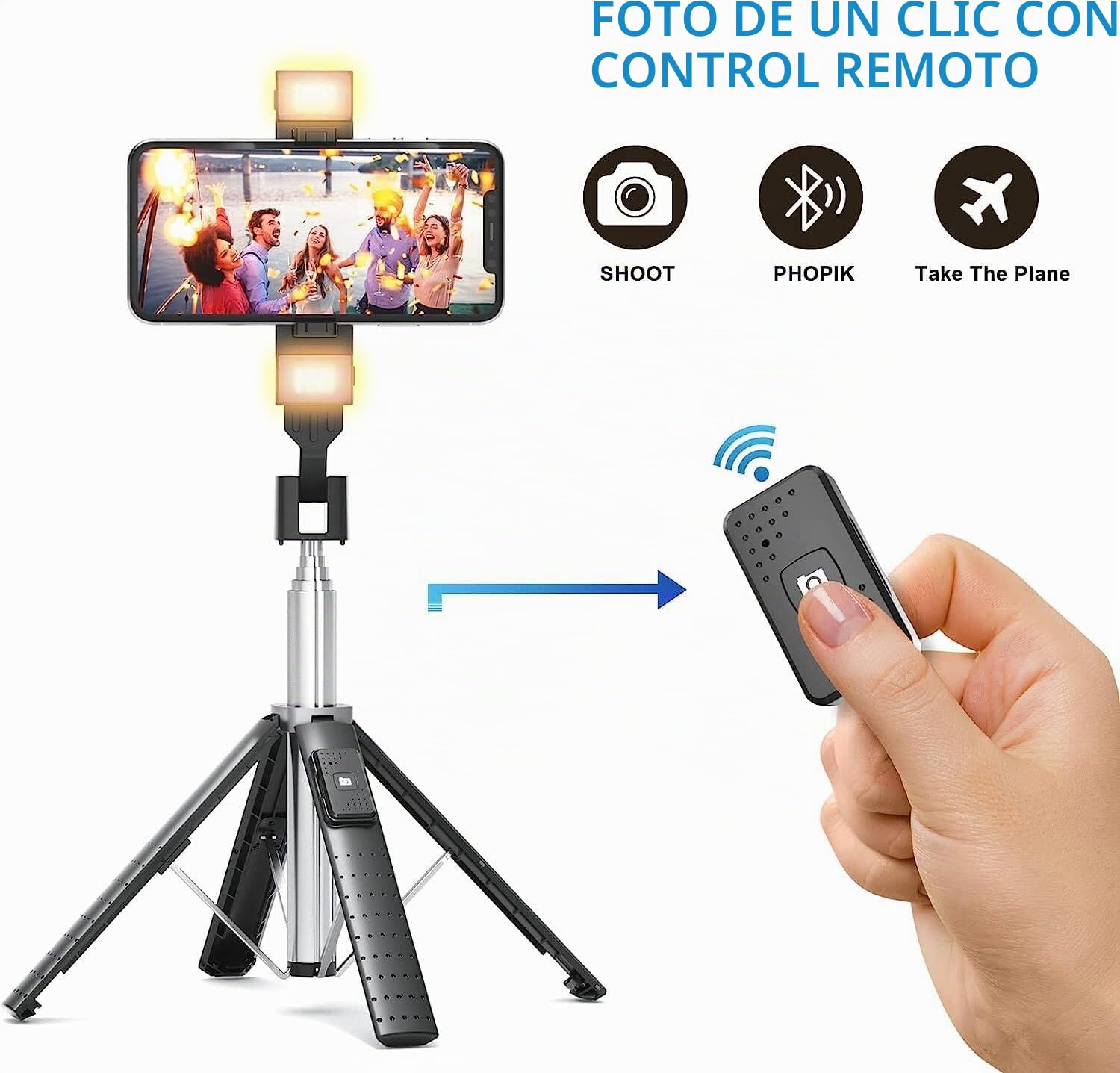 Triángulo de palo selfie de 41 pulgadas con luces de relleno recargables, extensible con control remoto Bluetooth, acero inoxidable, 3 modos, 9 niveles de brillo