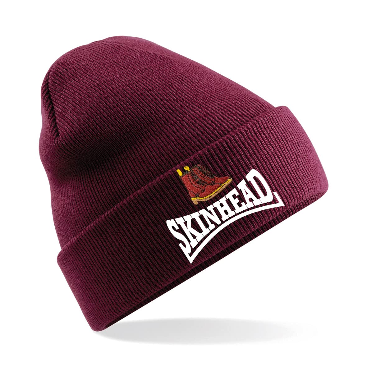Skinhead Doc Boots Embroidered Beanie Hat, Bob Hat British Skin Head (Maroon)