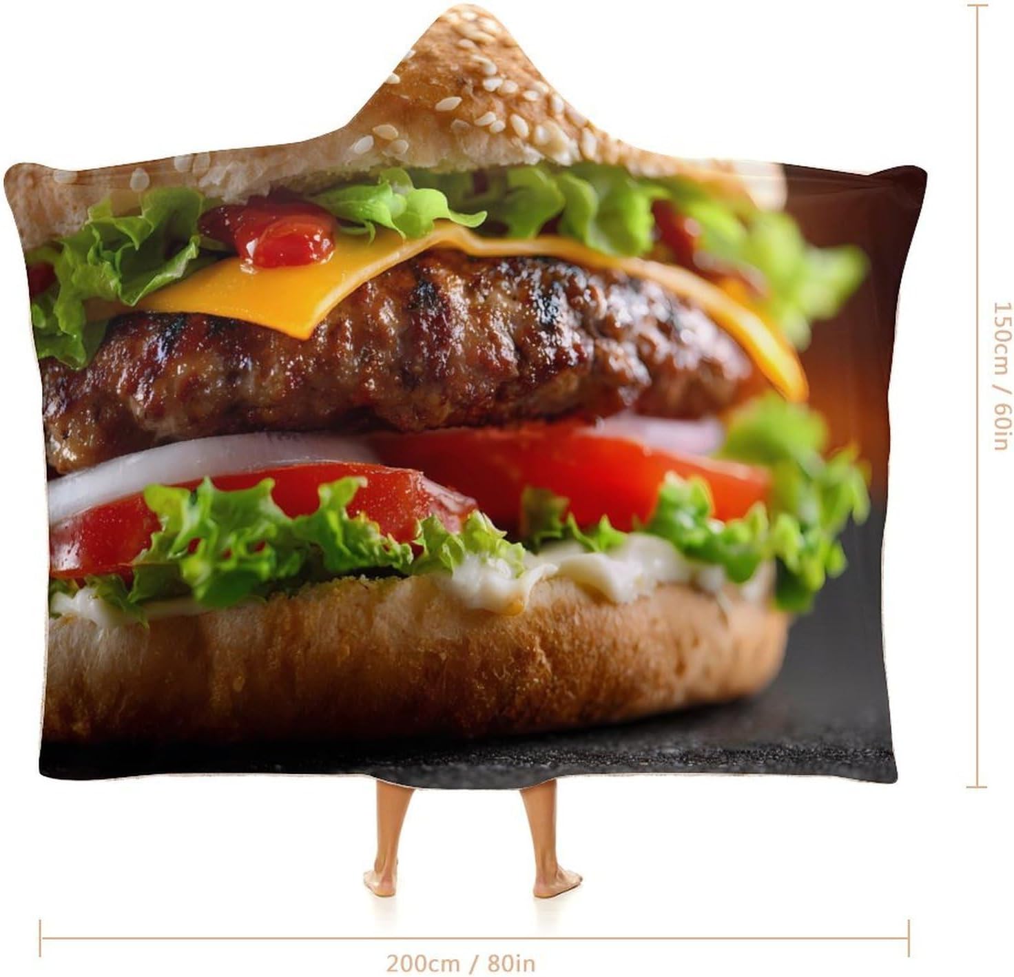 Cheeseburger Fast Food Pattern Wearable Blanket Oversized Throw Cape | Cozy Hooded Blanket Gifts for Women Men