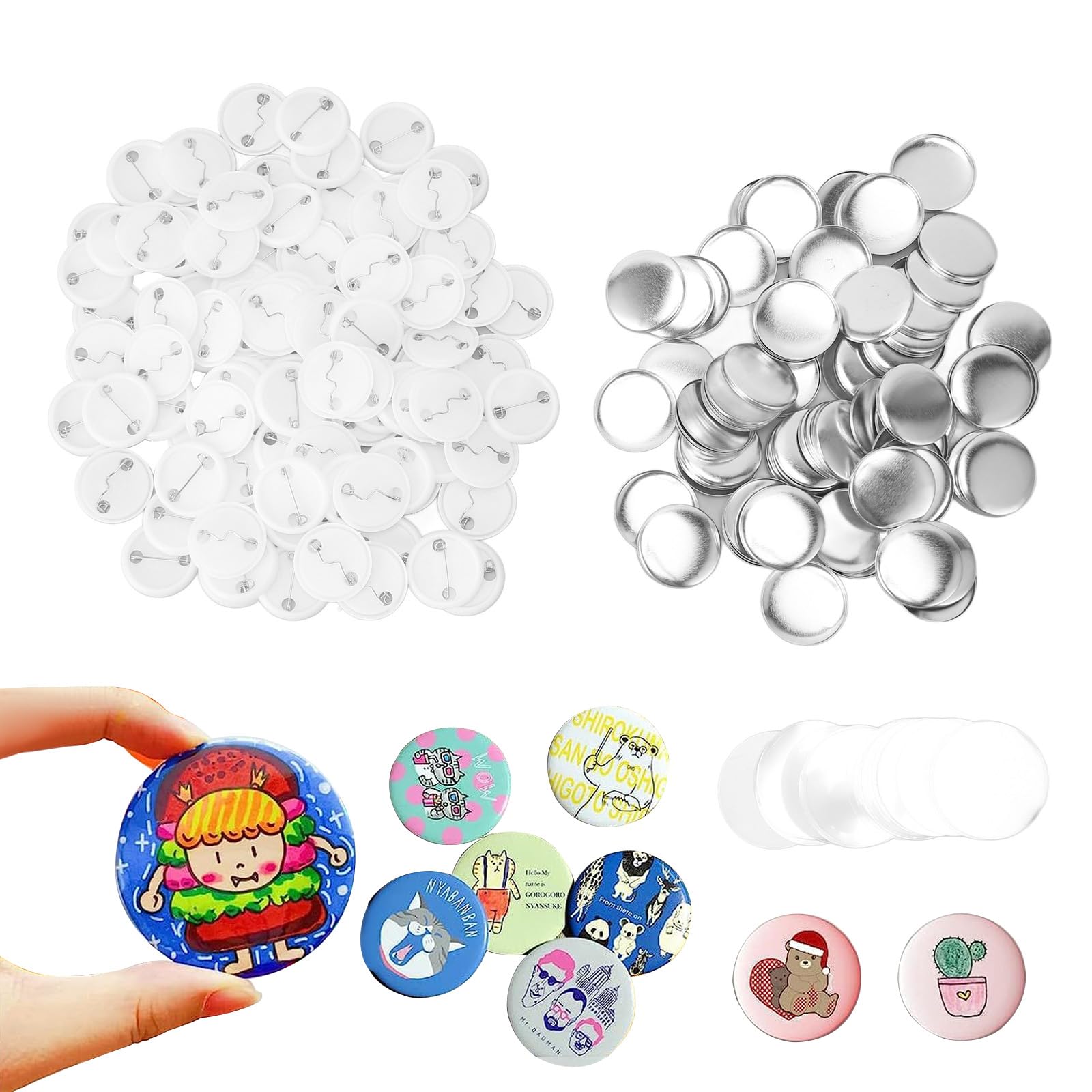100 Sets Pin Back Button Parts, Round Badge Button Parts Metal Button Pin Badge Kit for Button Maker Machine, Includes Upper/Bottom Badge Cover, Clear Film - 32mm