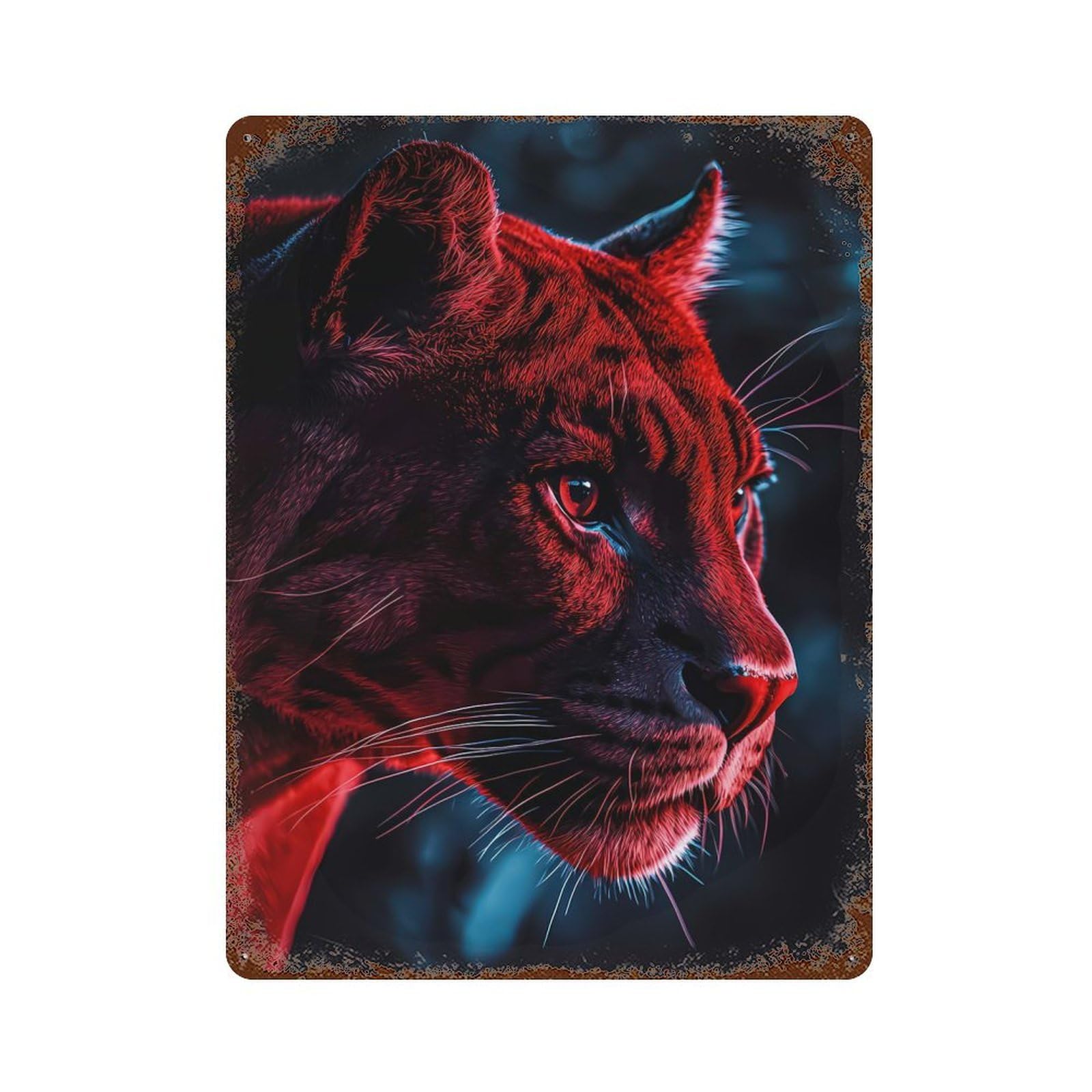 Rust Effect Red And Blue Panther Portrait Weathered Tin Sign 15.7"x11.8", Retro Wall Decor for Garage, Bar And Workshop Decor
