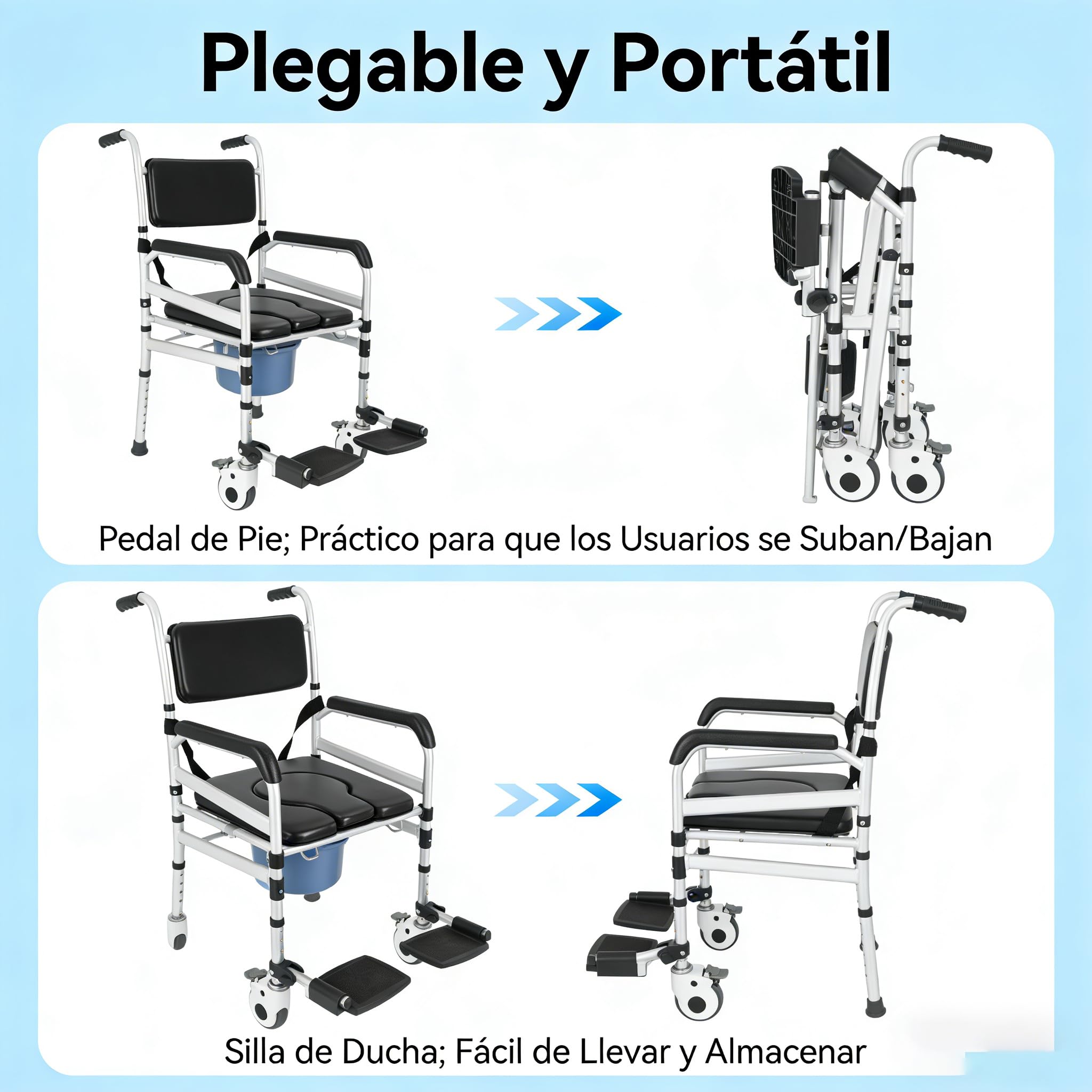 Silla de Ducha con Ruedas, 48 – 54 cm de Altura, Plegable, Capacidad de Carga de 100 kg, para Personas Mayores, Silla de Ruedas a Prueba de caídas con Inodoro, Cubo extraíble (Modelo 2)