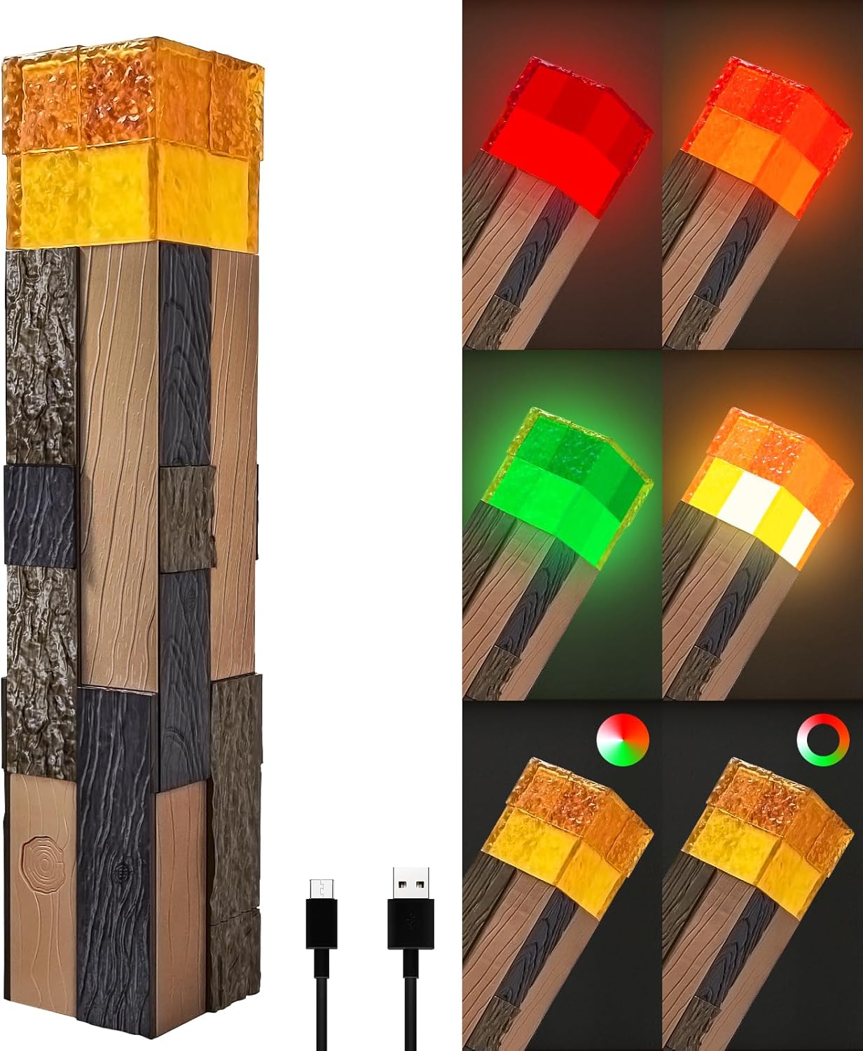 Light-Up Wall Torch Lamp, 4-Color Flame Modes, Rechargeable Handheld & Wall-Mountable Decor Light, Flame Night Light for Costume Cosplay & Room Decor, Perfect for Boys Aged 6-8