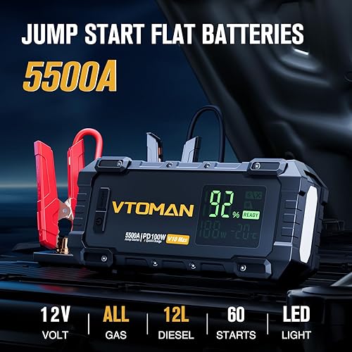 Miniatura 2 de VTOMAN V10 Max 5500A Arrancador de salto con cargador rápido USB-C de 100 W, batería de coche, arrancador portátil para todos los motores de