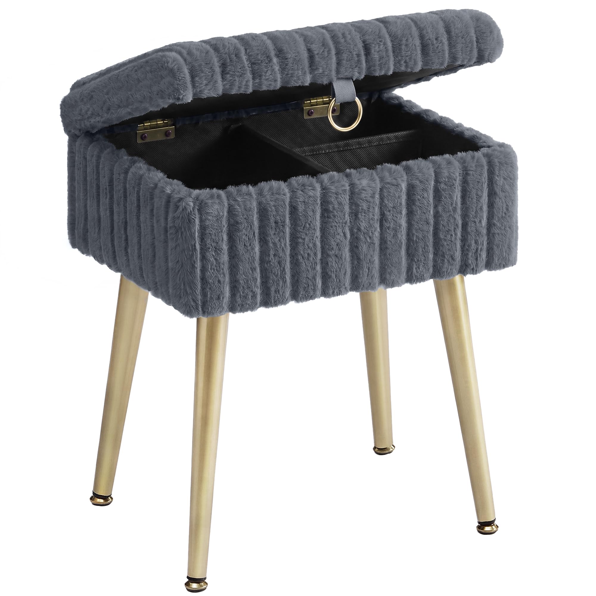 SONGMICS Rectanglular Vanity Stool Chair with Storage, Dressing Table Stool, Footrest Footstool Ottoman, Metal Legs, Adjustable Feet, for Living Room, Bedroom, Makeup Room, Slate Grey LOM505GZ03