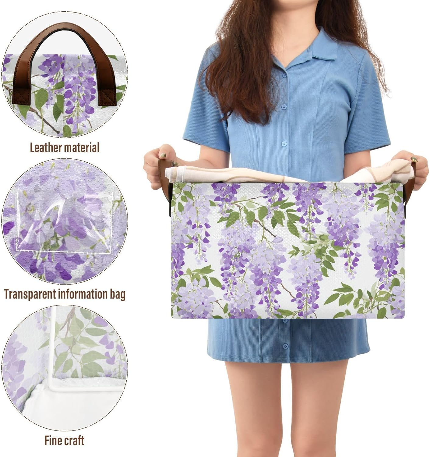 Light Purple Wisteria Flower Storage Basket Foldable Cube Storage Bins with Handles&Labels Waterproof Collapsible Organizer Box Bin Large Rectangle Baskets for Shelves Home Living Room Closet, 2 Pack