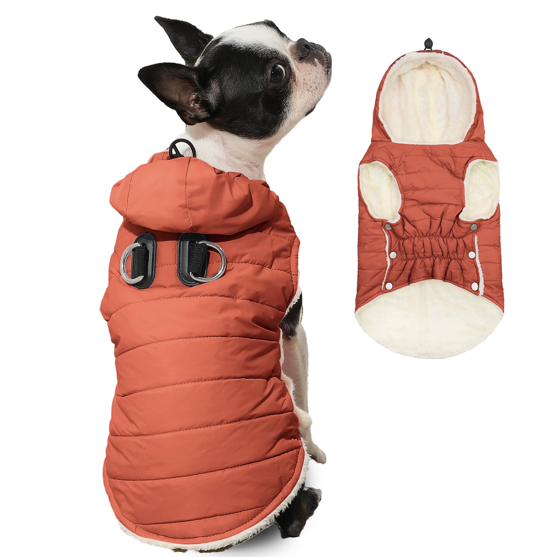 Vecomfy Dog Coat with Hood,Dog Jacket with Harness for Small Dog,Orange XS