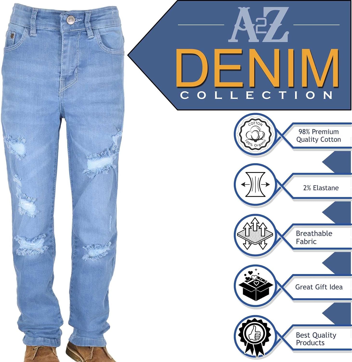 A2Z Kids Boys Relaxed Straight Fit Boot Cut Light Blue Ripped Jeans Stretchy Comfort - Jeans JN64 Light Blue._13-14