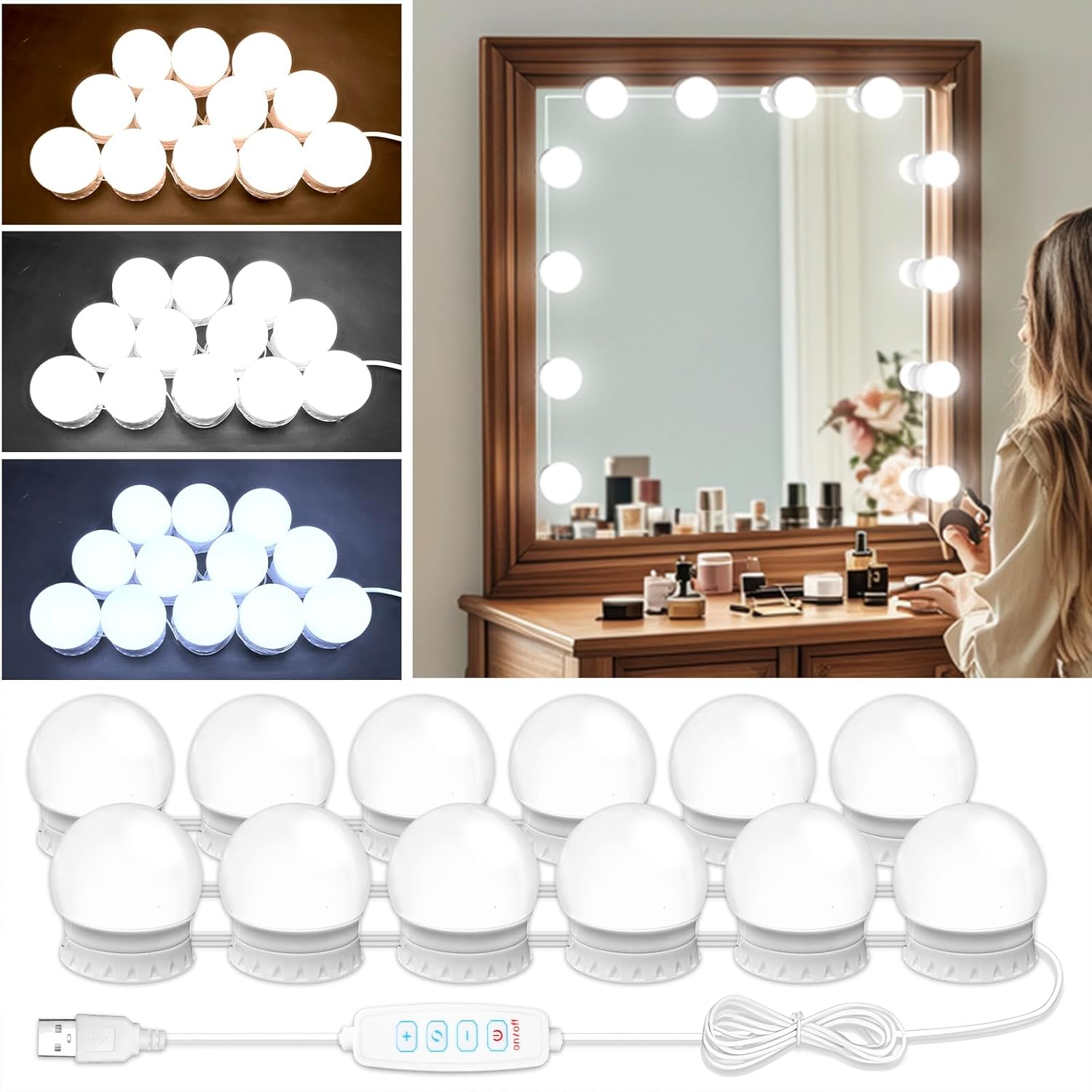 LED Vanity Mirror Lights with 12 Stick On Dimmable Bulbs