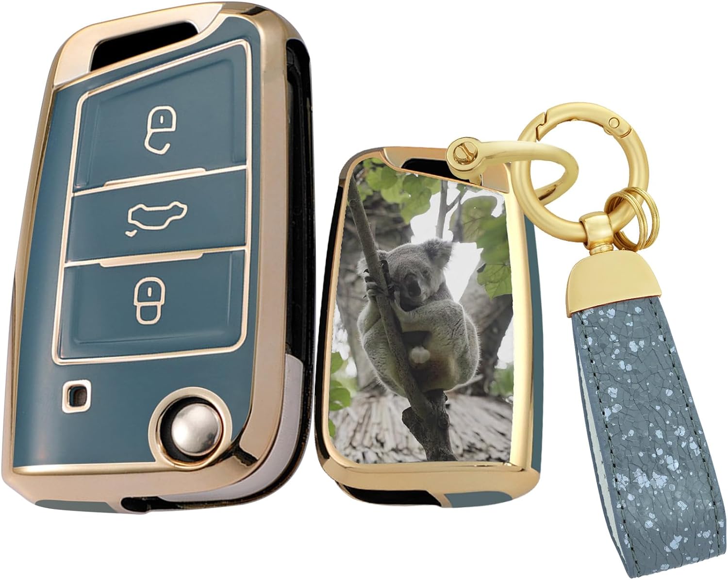 SANRILY Keyless Customized Keychain with Photo 3 Button Flip Key Cover Fit for VW Atlas e-Golf Golf Jetta Polo for Tiguan for Touran L Fit for Volkswagen Keyring Men Women Personalized Gifts Gray-blue