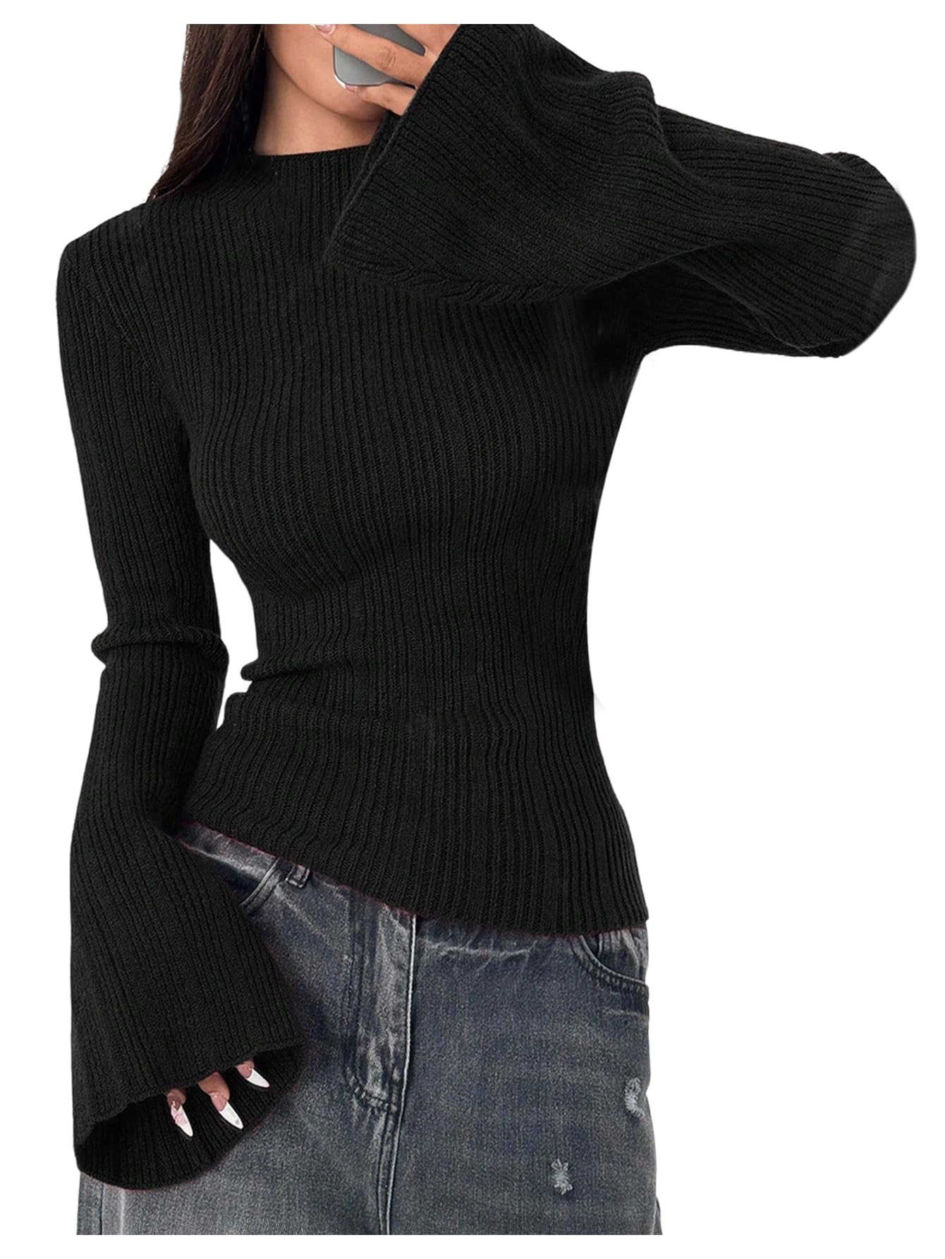 Milumia Womens Long Bell Sleeve Mock Neck Sweater Ribbed Knit Fitted Going Out Tops