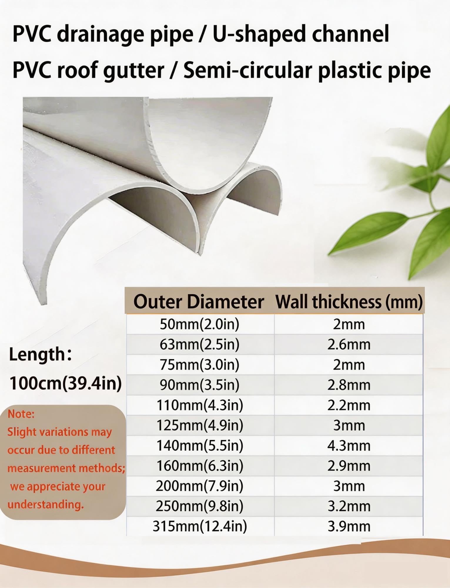 Canal PVC semicircular 100cm de longitud para tejados y drenaje DIY