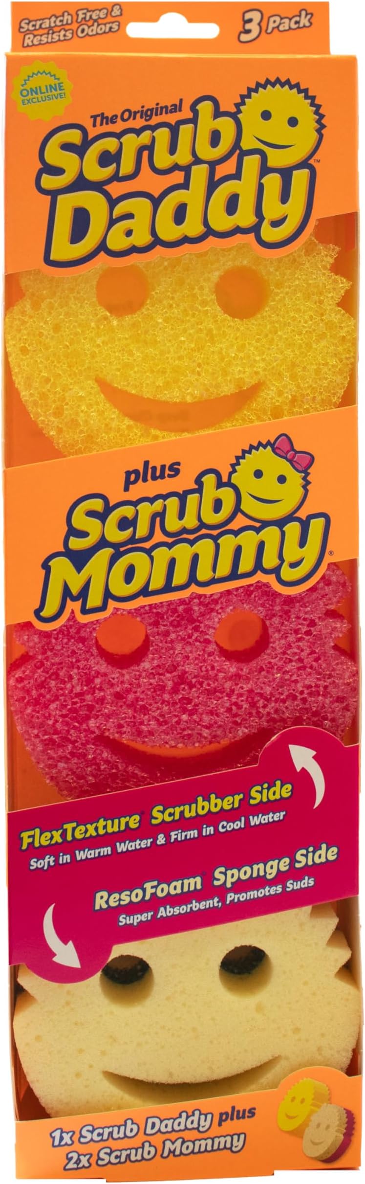 Scrub Mommy 3 Pack - Smiley Face Sponges for Cleaning & Washing Up - Multipack Kitchen Non Scratch Scourers with FlexTexture Firm & Soft Scrubbing, Dishwashing Scrubber