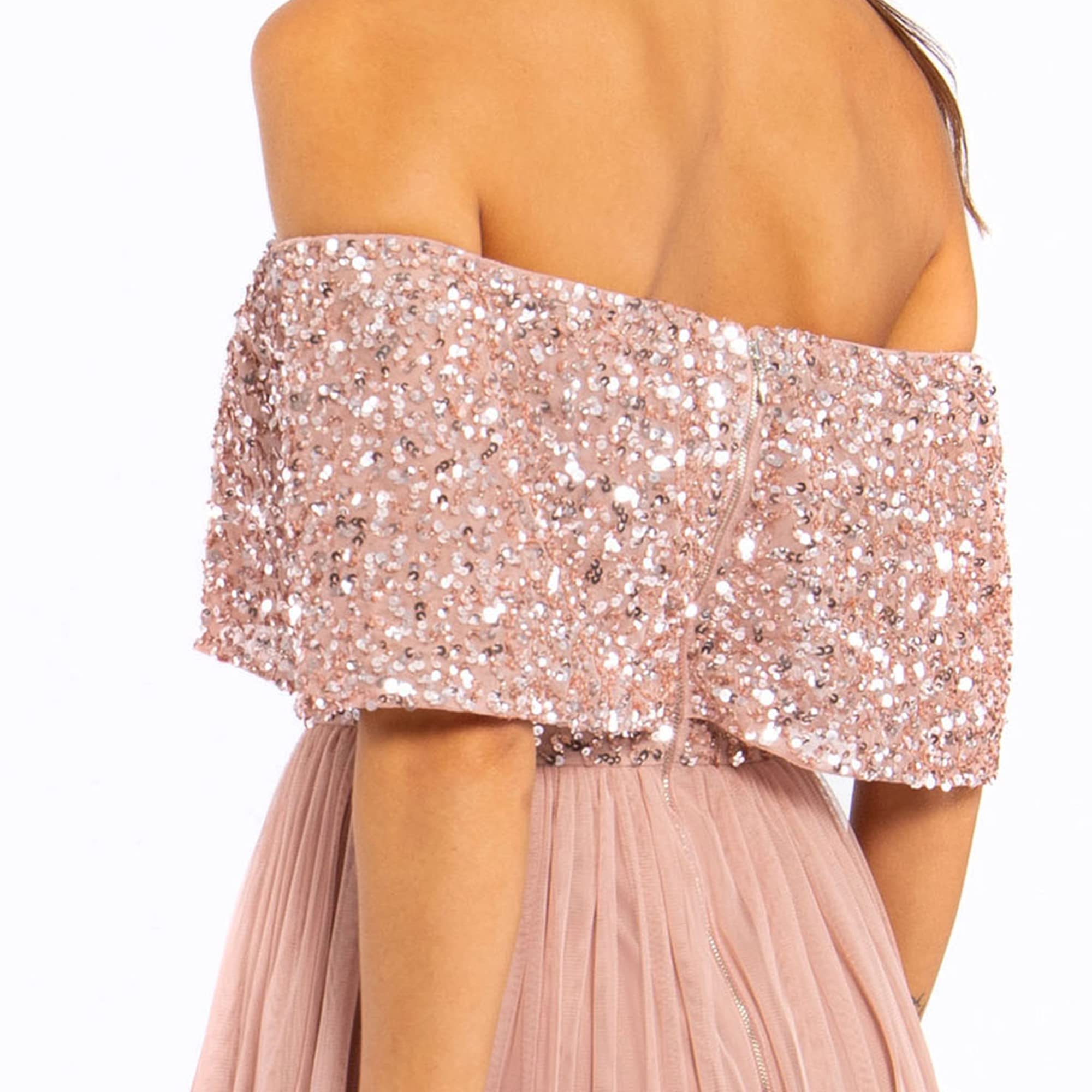 Maya Deluxe Miękka szara sukienka bardot Embellished Maxi dla druhny, kobiety