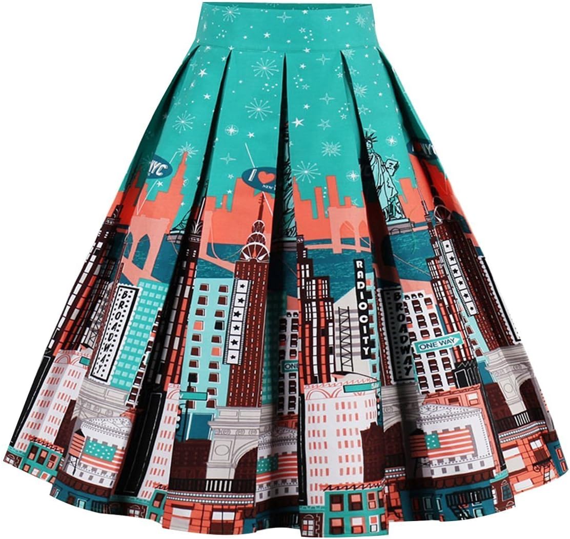 OBBUE Dresstore Vintage Pleated Skirt Floral A-line Printed Midi Skirts with Pockets Freedom-S