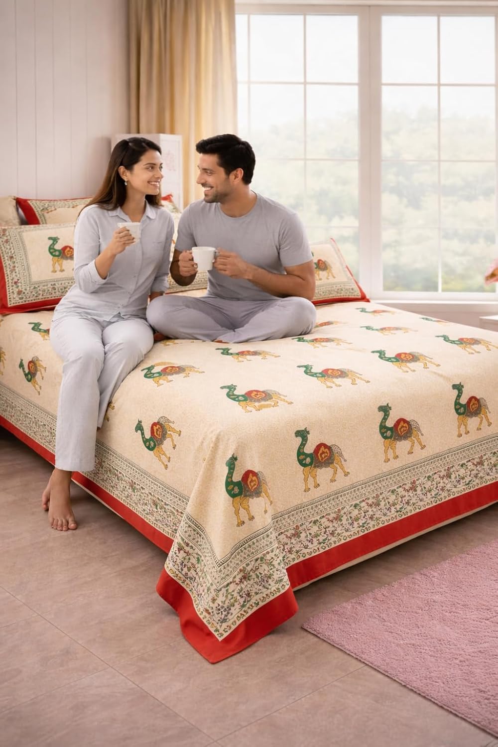 300,, Handcrafted Camel Print Pure Cotton Bedsheet Set, Hand Block Print, Flat bedsheet size 90*108 Inches & Pillow Covers, Festival Flare, Floral Traditional Design, Color- Reddish orange