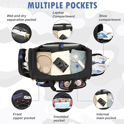 Miniatura 3 de Bolsa de gimnasio para hombres y mujeres con compartimento para zapatos y laptop, bolsa de viaje deportiva 3 en 1, Negro + rojo, Modas