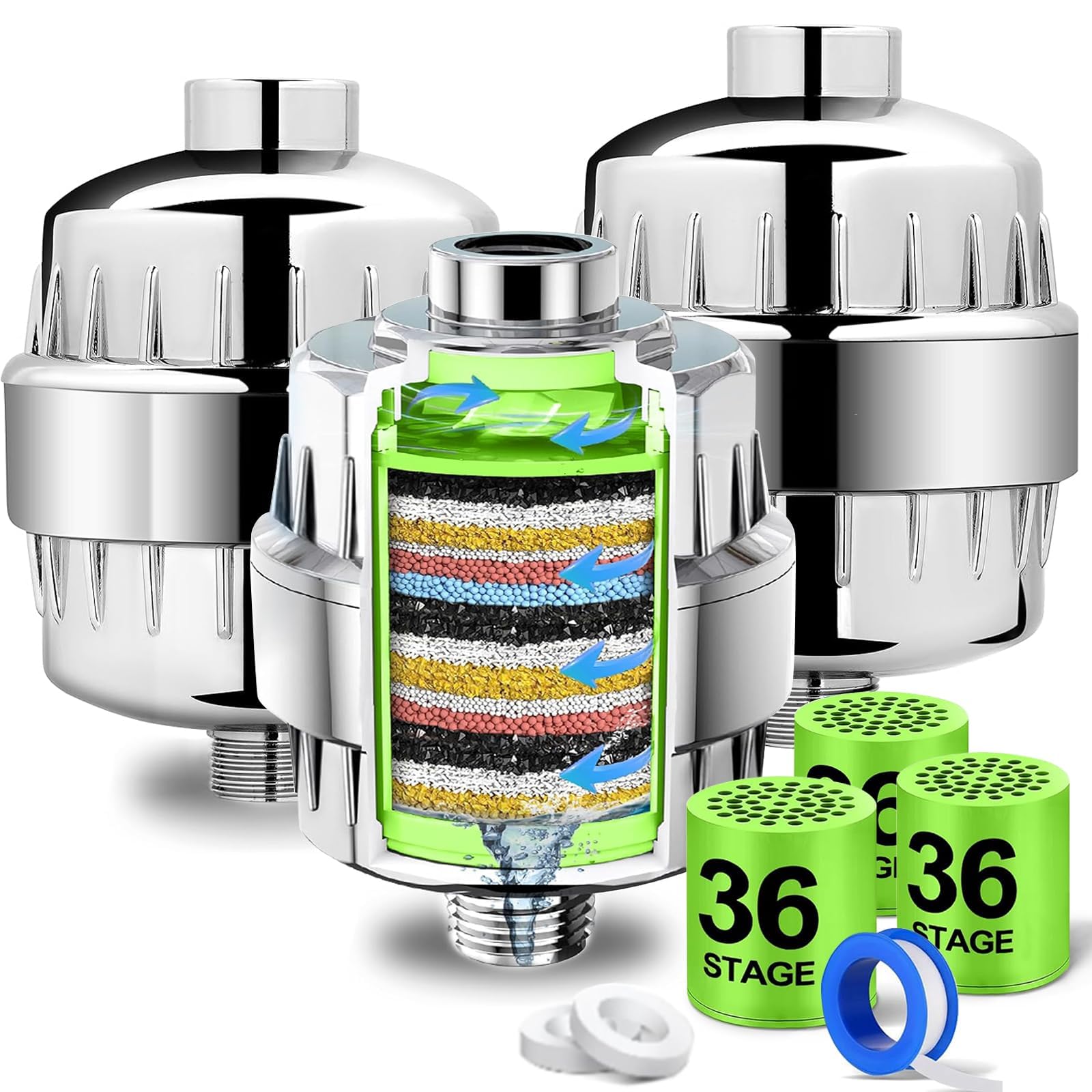3 Pcs 36 Stage Shower Water Filter, High Output Shower Head Filter with Replacement Cartridge, Universal Fit Water Softener for Hard Water, Chlorine Removal Filter, Ideal for Dry Skin & Hair Loss