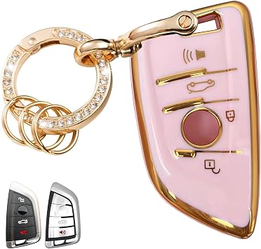 Keyless Entry Systems Key for BMW Key Fob Cover Shell with Keychain Fit for BMW X1 X2 X3 X5 X6 X7 GT and 2 3 4 5 6 7 8 Series Gold-Pink