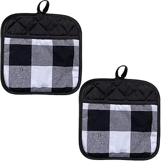 COOLive 2 Pieces Buffalo Check Pot Holders with Pocket Potholders Buffalo Plaid Cloth Gloves Pocket Black and White Pot Holders for Kitchen
