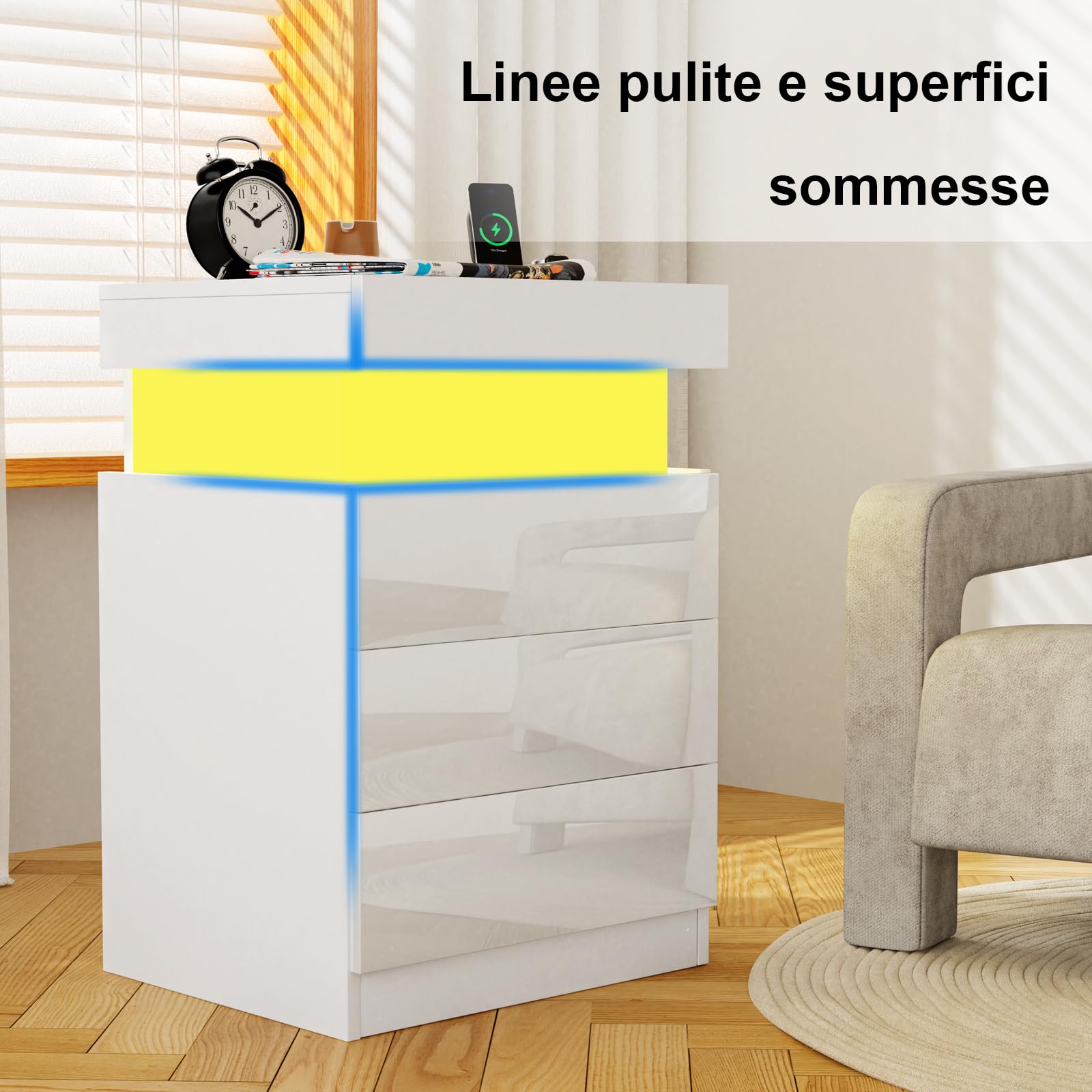 Comodino Camera da Letto con LED, Comodini con Stazione di Ricarica, 2 Prese AC 2 Porte USB, 3 Cassetti e Armadietti Scorrevoli Nascosti, Per Arredamento Camera da Letto. (Bianco, 67x40x45 cm)