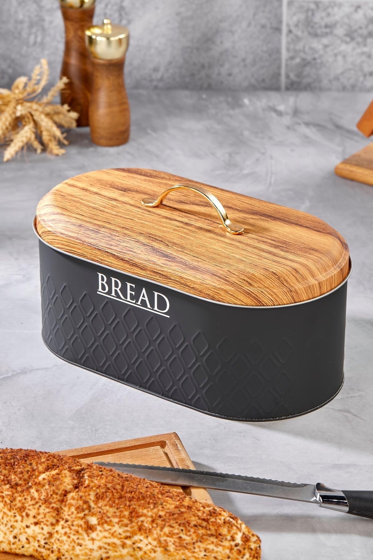 UCR HOME Yeni Desen Detaylı Premium Metal Ekmeklik, SİYAH