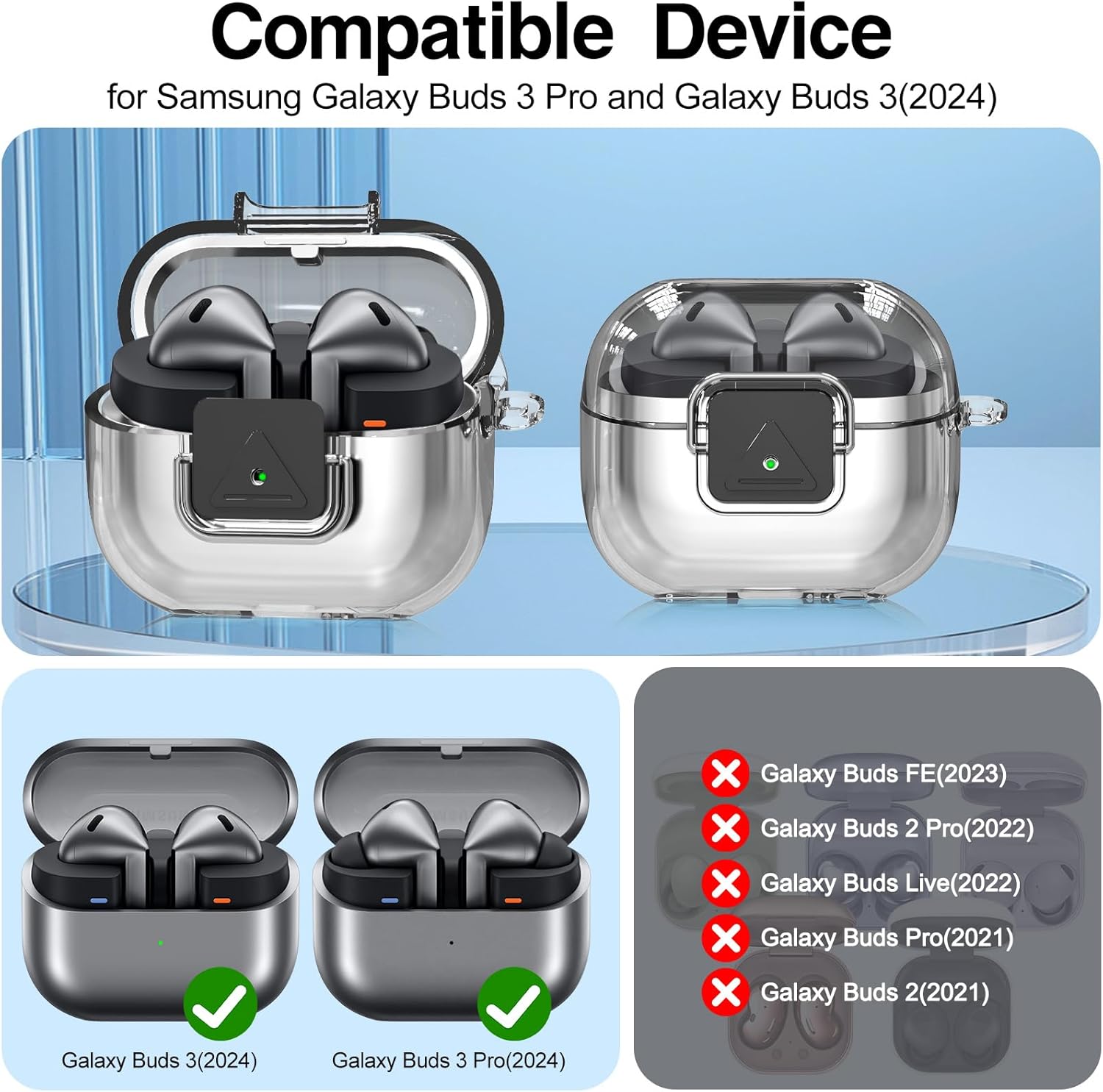 for Samsung Galaxy Buds3 FE (2025) / Buds3 Pro (2024) / Buds 3 Case (2024) with Secure Lock Clip, Flexible TPU Clear Case with Cleaner Kit&Carabiner&Lanyard (Clear) - Image 2