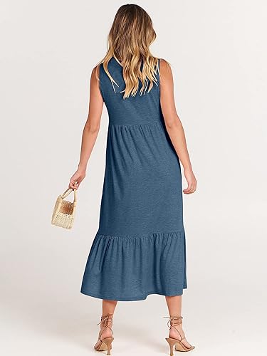 Miniatura 6 de ANRABESS Vestido de verano para mujer, casual, sin mangas, cuello redondo, acampanado, con escalonado, maxi vestido largo de playa, trajes