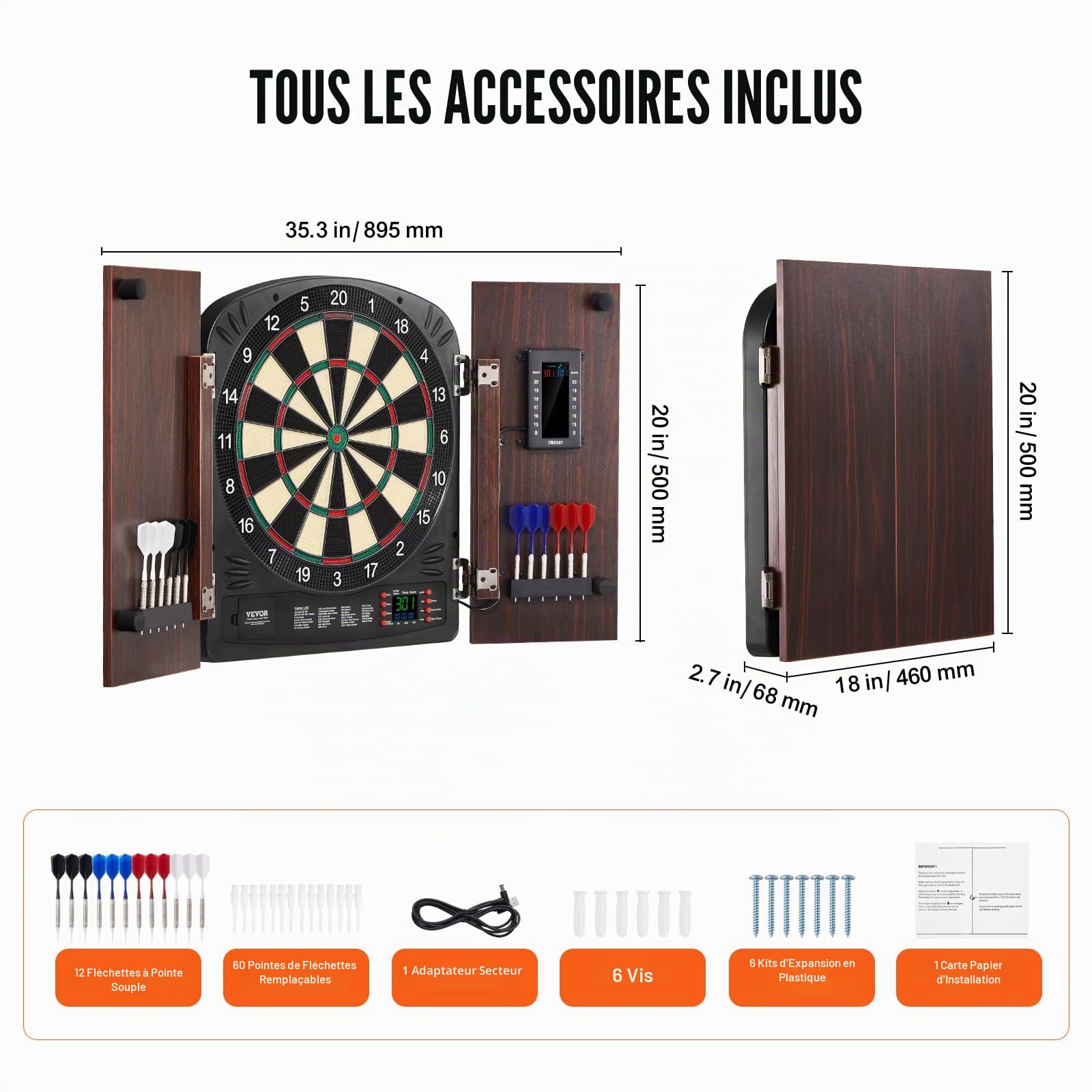 VEVOR Kit Cible de Fléchettes et Armoire Prêt à Jouer, Armoire à Fléchettes avec Tableau de Score Électrique, pour Jeux de Cricket