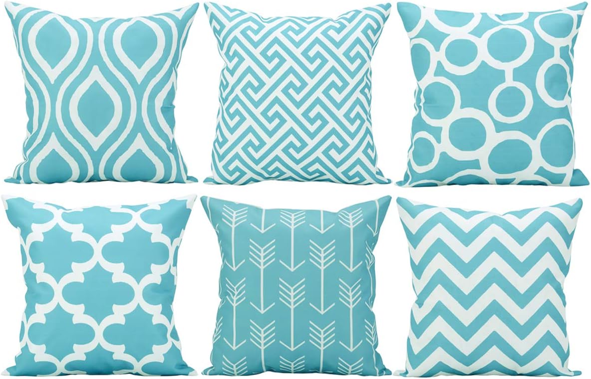 KAOPUS Throw Pillows Cushion Durable Cotton Linen Covers Cases Square Decorative Pillowcases for Sofa 18 x18 inch Bundle Set of 6 -Turquoise
