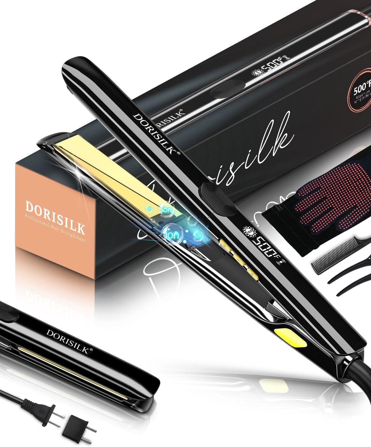 DORISILK 500 Degree Vibrating Professional Hair Styler: 30s Fast Heating Ceramic Flat Iron, 2-in-1 Straightener and Curler, Plasma Ionic for Frizz-Free Hairstyling (500FV)