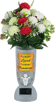 Solar Angel Cemetery Vase with Spike & 2-Pack Pom-Pom Memorial Flowers Bundle - Outdoor Grave Decorations