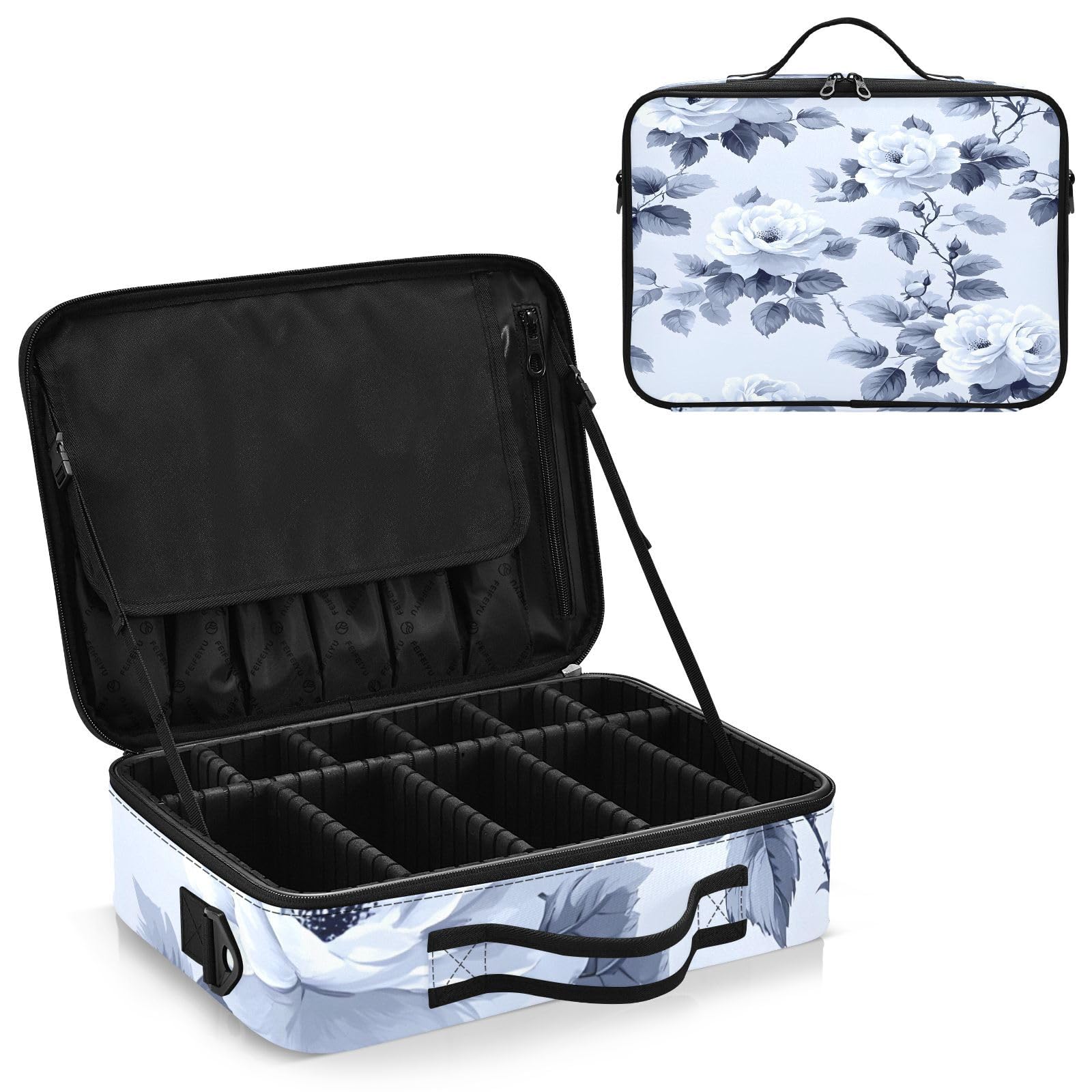 zyrtty Travel Makeup Train Case Flower Black White Pattern Leaves Cosmetic Organizer Portable Storage Bag with Adjustable Dividers for Cosmetics Brushes Toiletry Jewelry Digital Accessories
