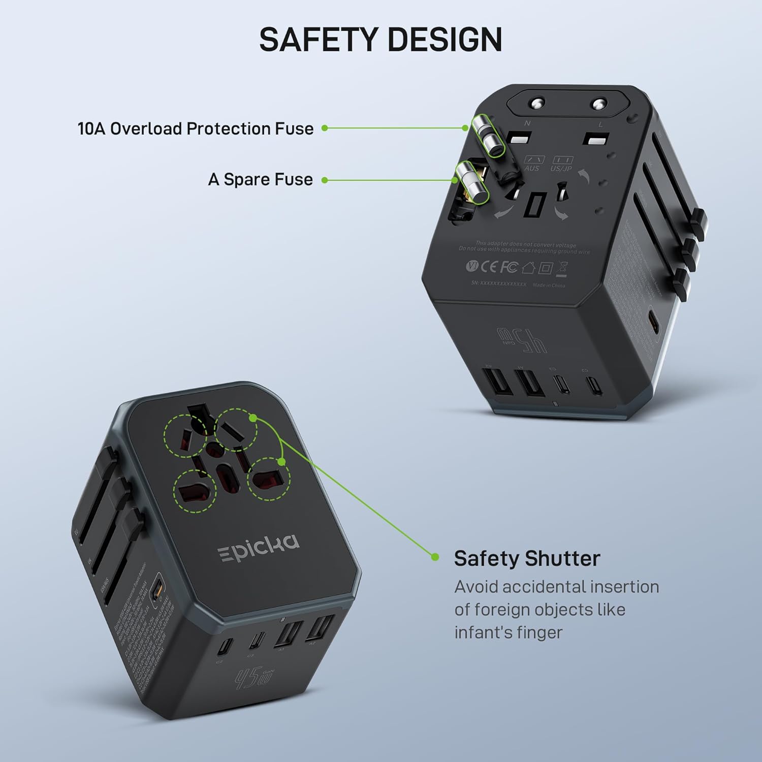 EPICKA GaN 45W Universal Travel Adapter, European Travel Plug Adapter with PD&QC Fast Charging(2 USB-A & 3 USB-C Ports) - Worldwide Travel Essentials, International Power Adapter for UK/US/AU (Black) - Image 7