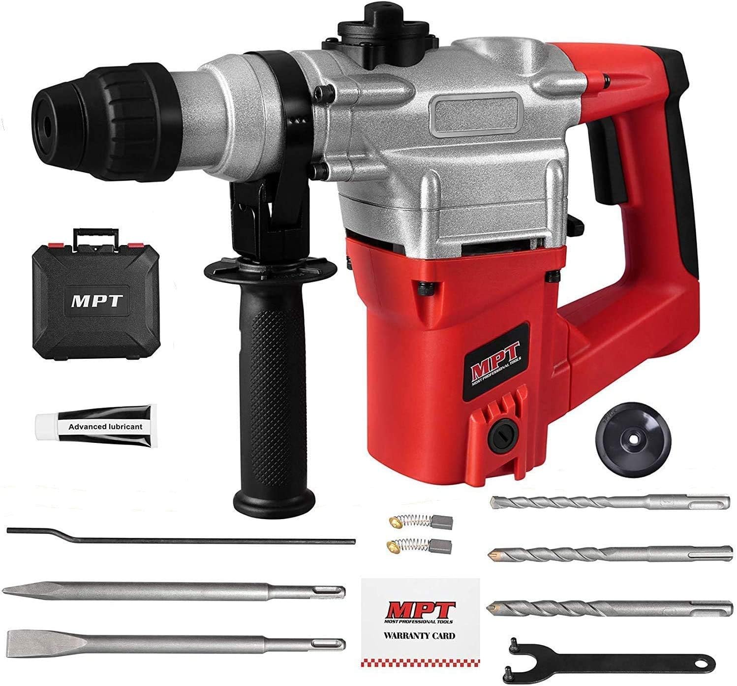 MPT 1500W Heavy Duty Rotary Hammer Drill,3 Function and Adjustabl Soft Grip Handle,Include 3 Drill Bits,Point and Flat Chisel with Case