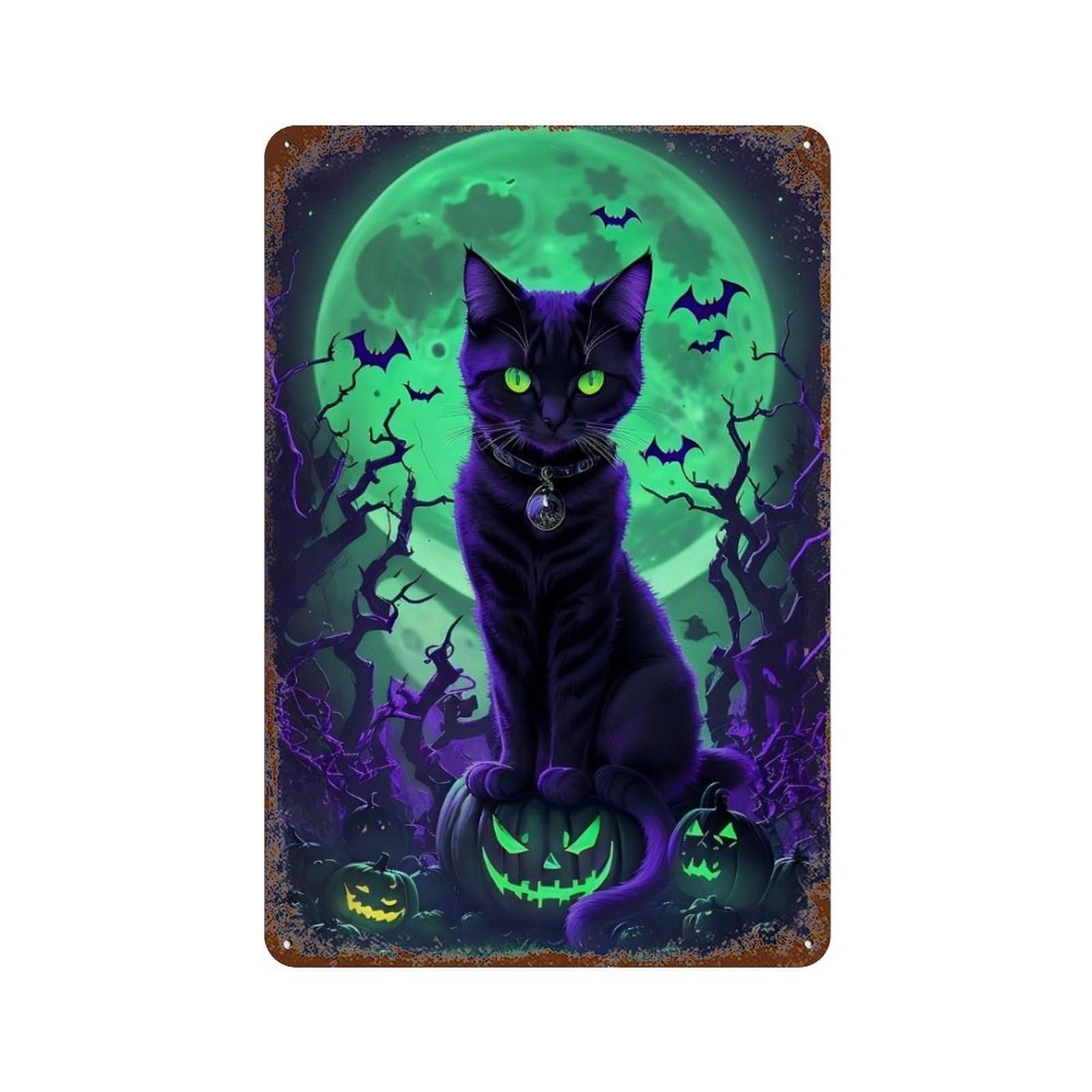 Halloween Black Cat with Jack-o'-lanterns 11.8"x7.9" Vintage Rust Metal Sign, Classic Wall Plaque for Pub, Kitchen And Man Cave Decor