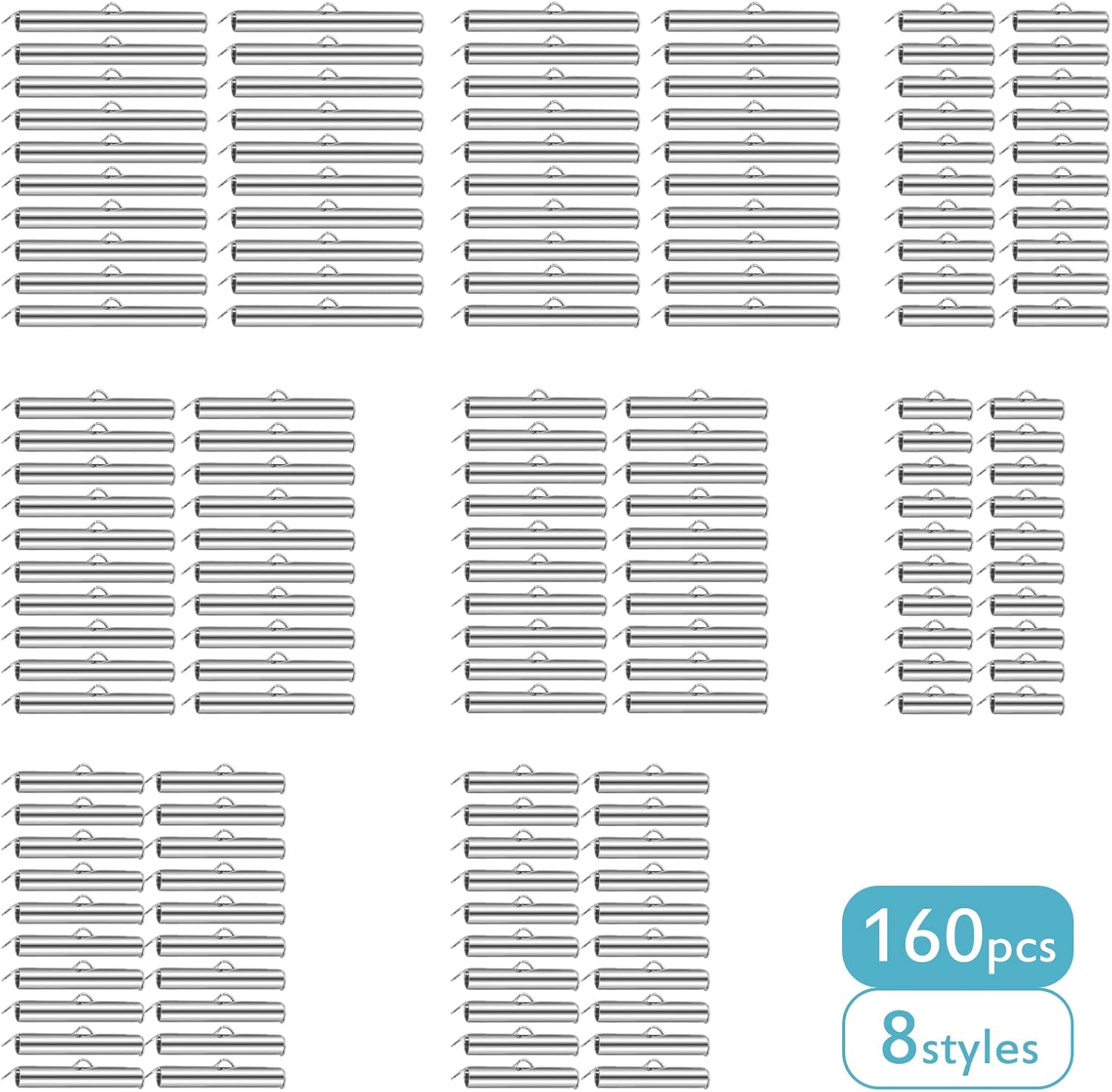160pcs Silver Slide On End Bar Buckle Clasps Slider Ends Caps Accessories for Multi-Strand Necklace Bracelet Jewelry Making Findings, 8 Sizes - Image 2