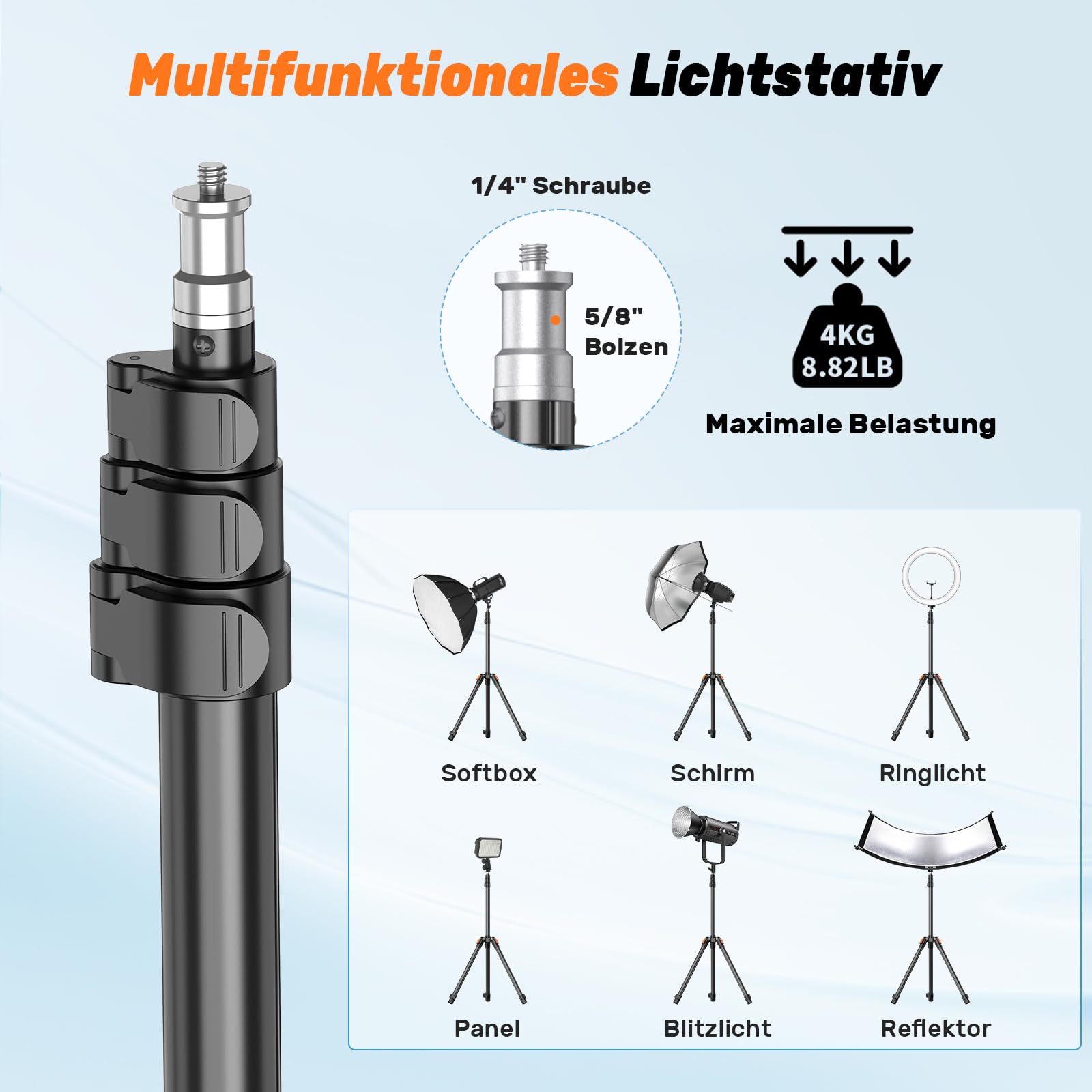 Lichtstativ mit Kugelkopf 210cm/83in Umkehrbares Tragbares Studio-Beleuchtungsstativ mit Tasche