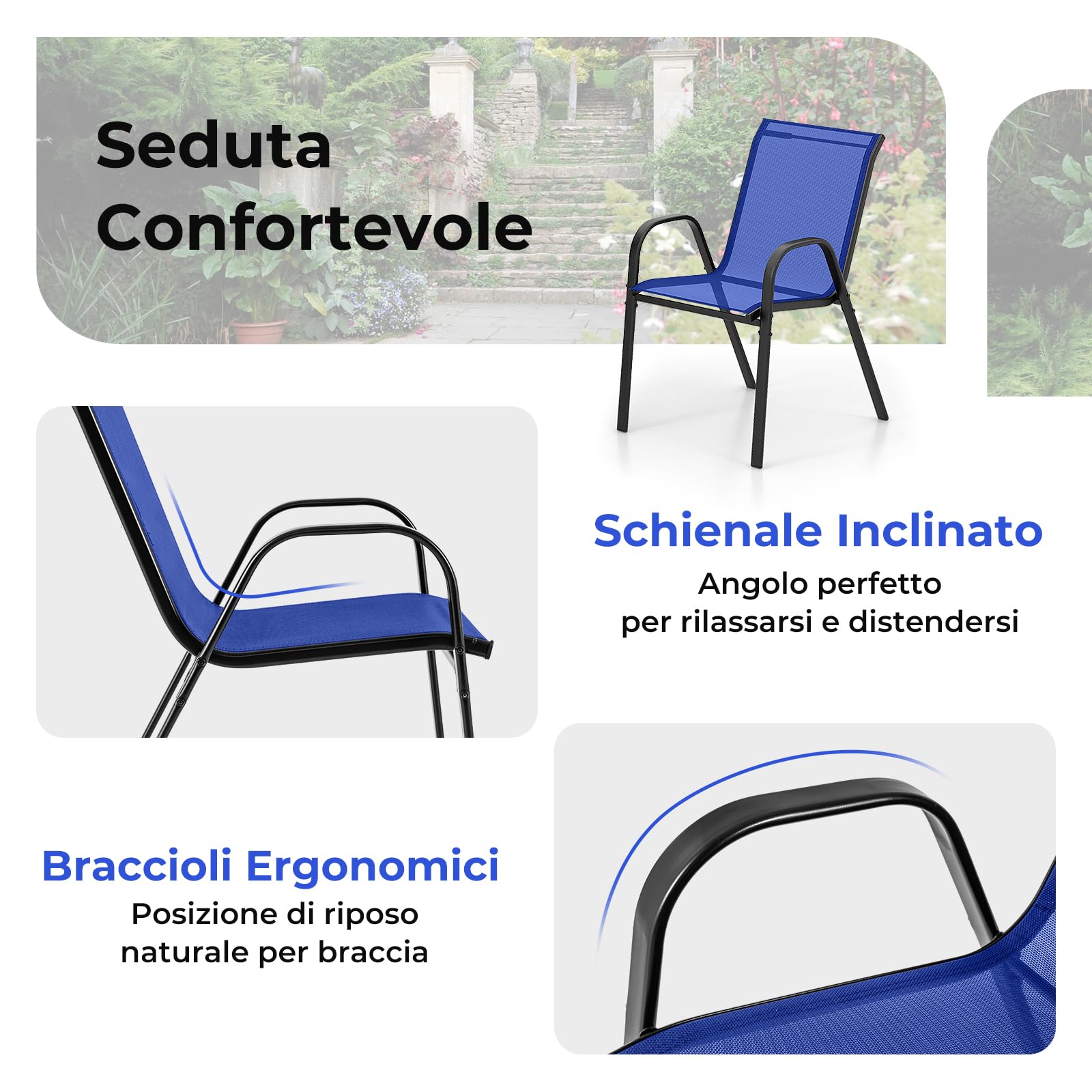 COSTWAY Set Mobili da Giardino 3 Pezzi, con Tavolo Rotondo in Vetro Temperato e 2 Sedie in Textilene Traspirante, per Esterno Balcone Giardino (Blu)