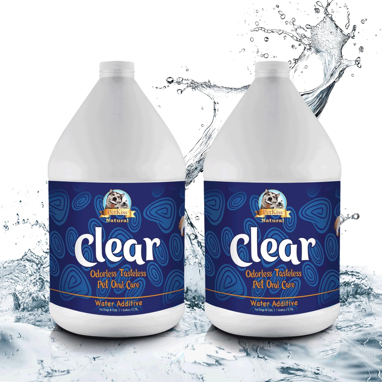 Pet Kiss Clear Odorless Pet Dental Care Solution – Water Additive for Dogs & Cats - Tartar & Plaque Remover, No-Brush Pet Oral Care – Dog & Cat Dental Health - Gallon (Pack of 2)
