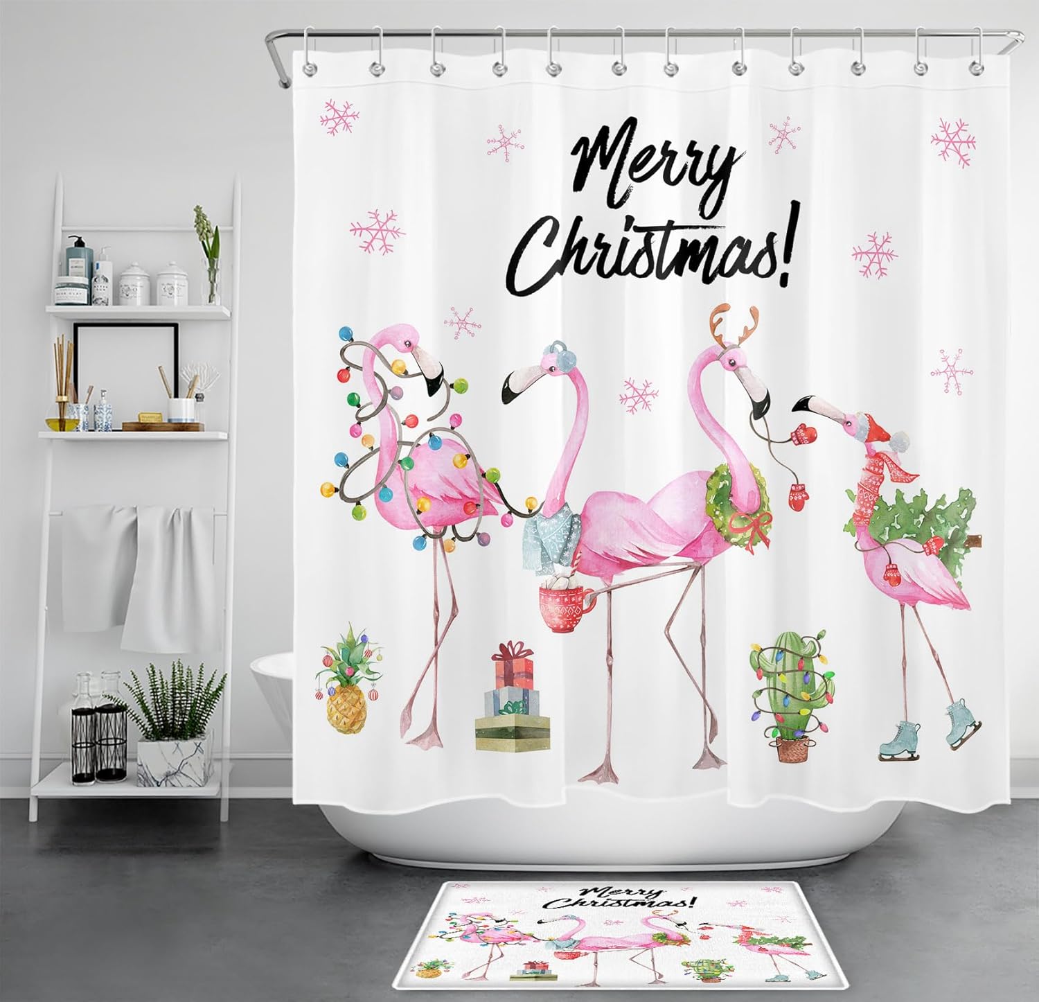 HVEST Merry Christmas Shower Curtain with Bathroom Rugs