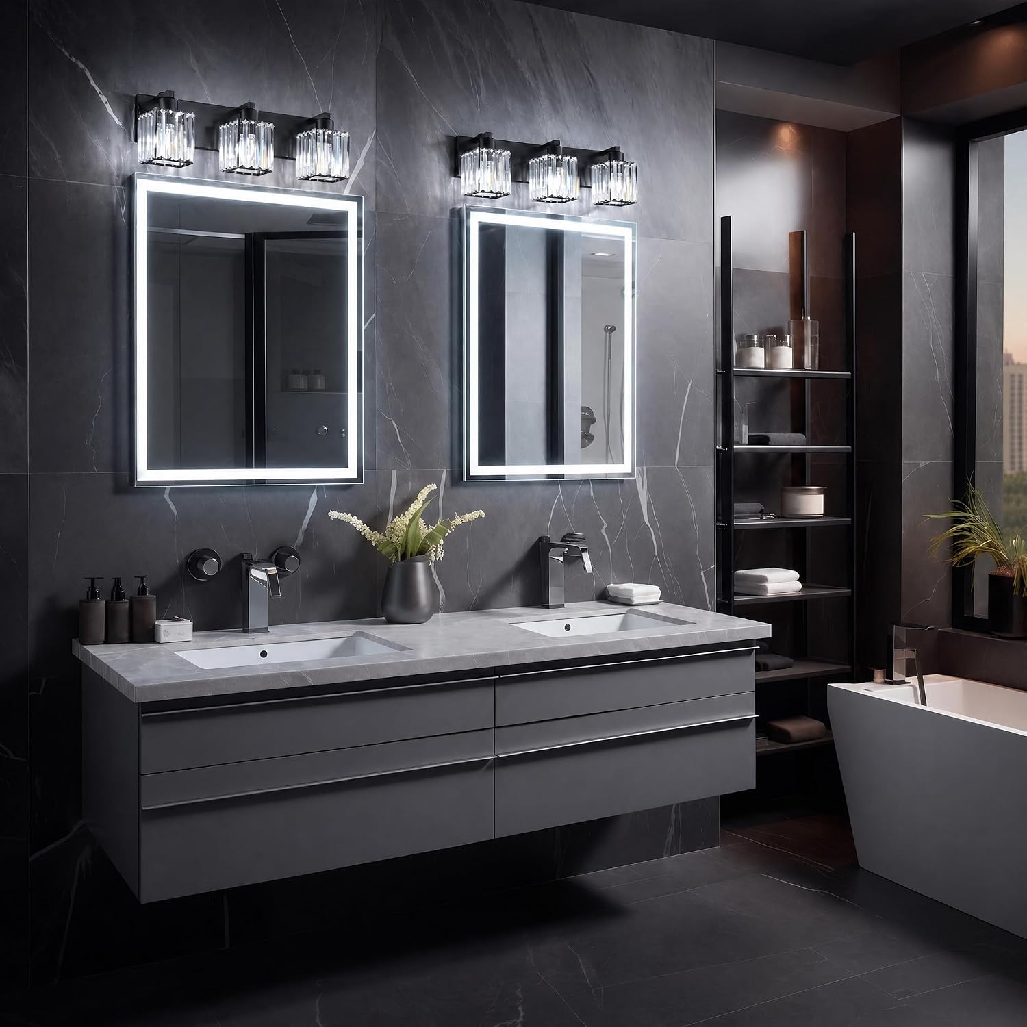 Modern Bathroom Vanity Light, 3-Light K9 Crystal Bathroom Lighting Fixtures Over Mirror, Black Vanity Light with Square Shade