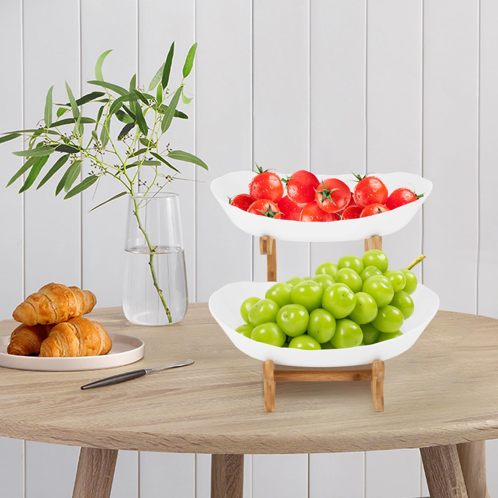 Alzata per frutta, in ceramica, a 2 piani, in porcellana con supporto in bambù naturale, per cene, tavoli da pranzo, matrimoni, feste di compleanno, snack buffet (bianco)