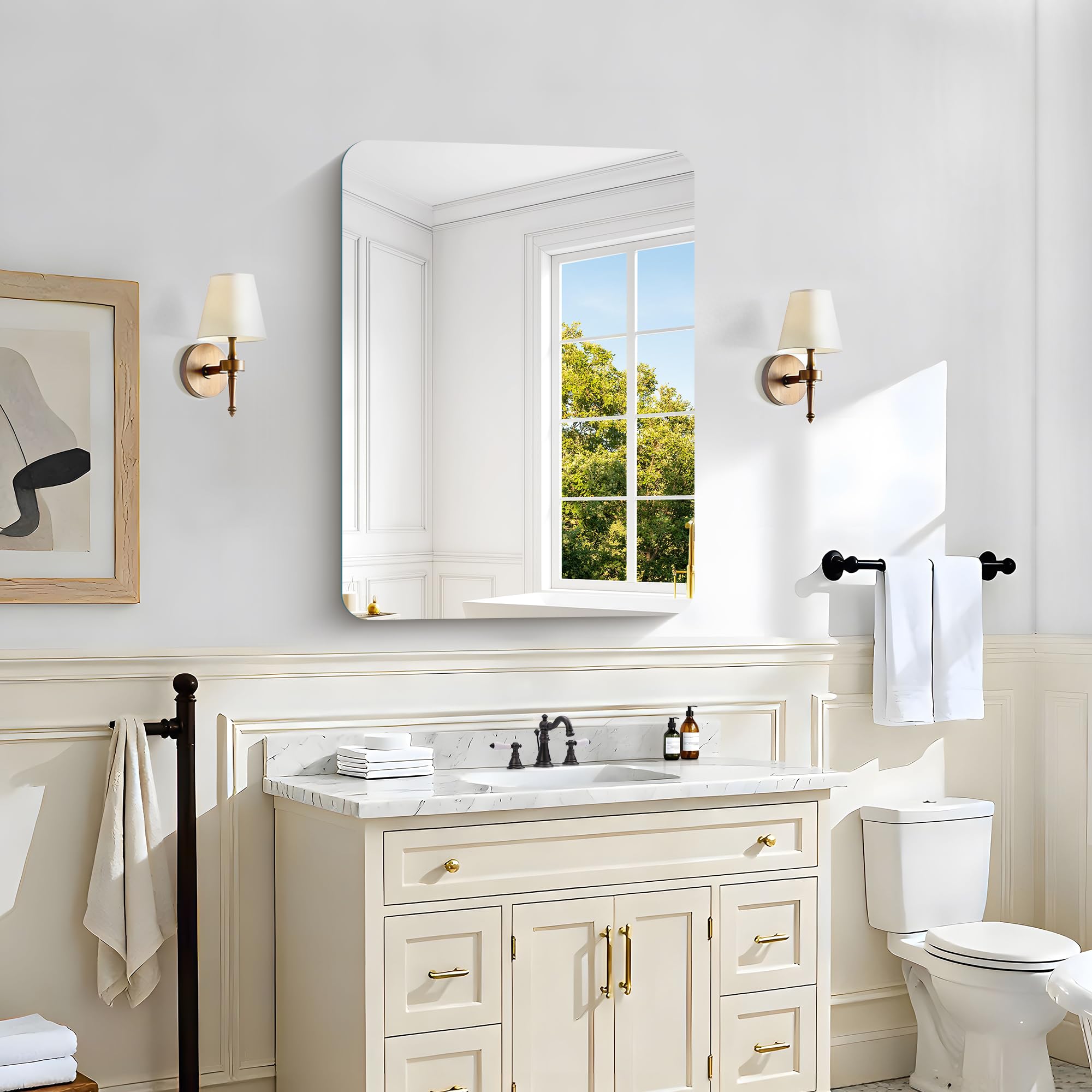 KOCUUY Espejo de baño Rectangular sin Marco, Espejo de Pared de 60 x 80 cm, Espejo con Cristal irrompible, reflexión HD, Esquinas Redondeadas, Adecuado para baños, dormitorios o vestidores.