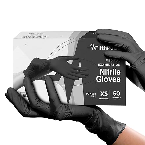 Paquete de 50 guantes desechables de nitrilo sin látex y sin polvo de grado médico para usos quirúrgicos y dentales (color negro, 3 milímetros de