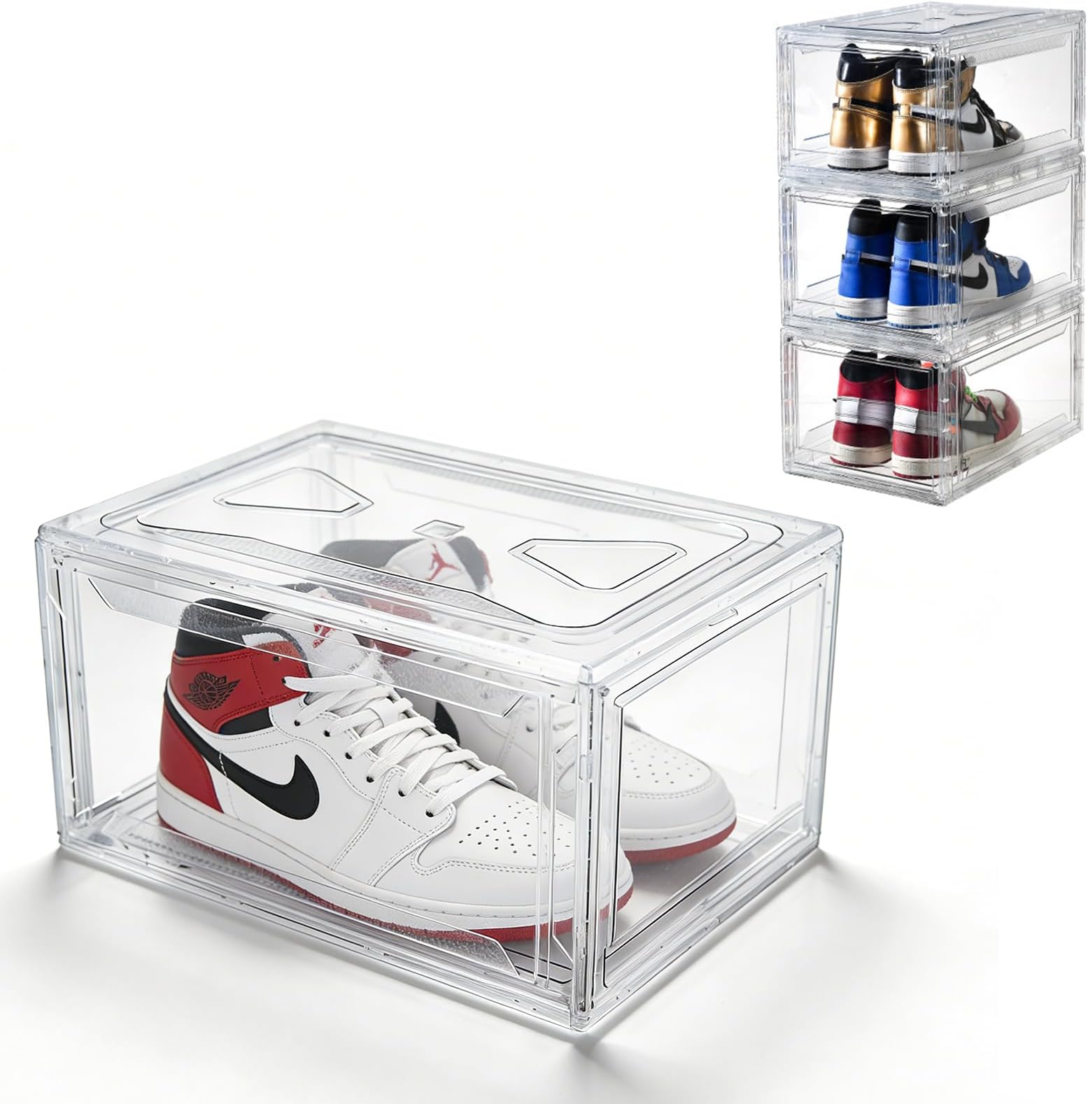 Clear Shoe Boxes Stackable, Transparent Drop Front Shoe Organiser with Magnetic Door, Easy Access Trainer Storage, Fits up to UK Size 12, Foldable Dustproof Design