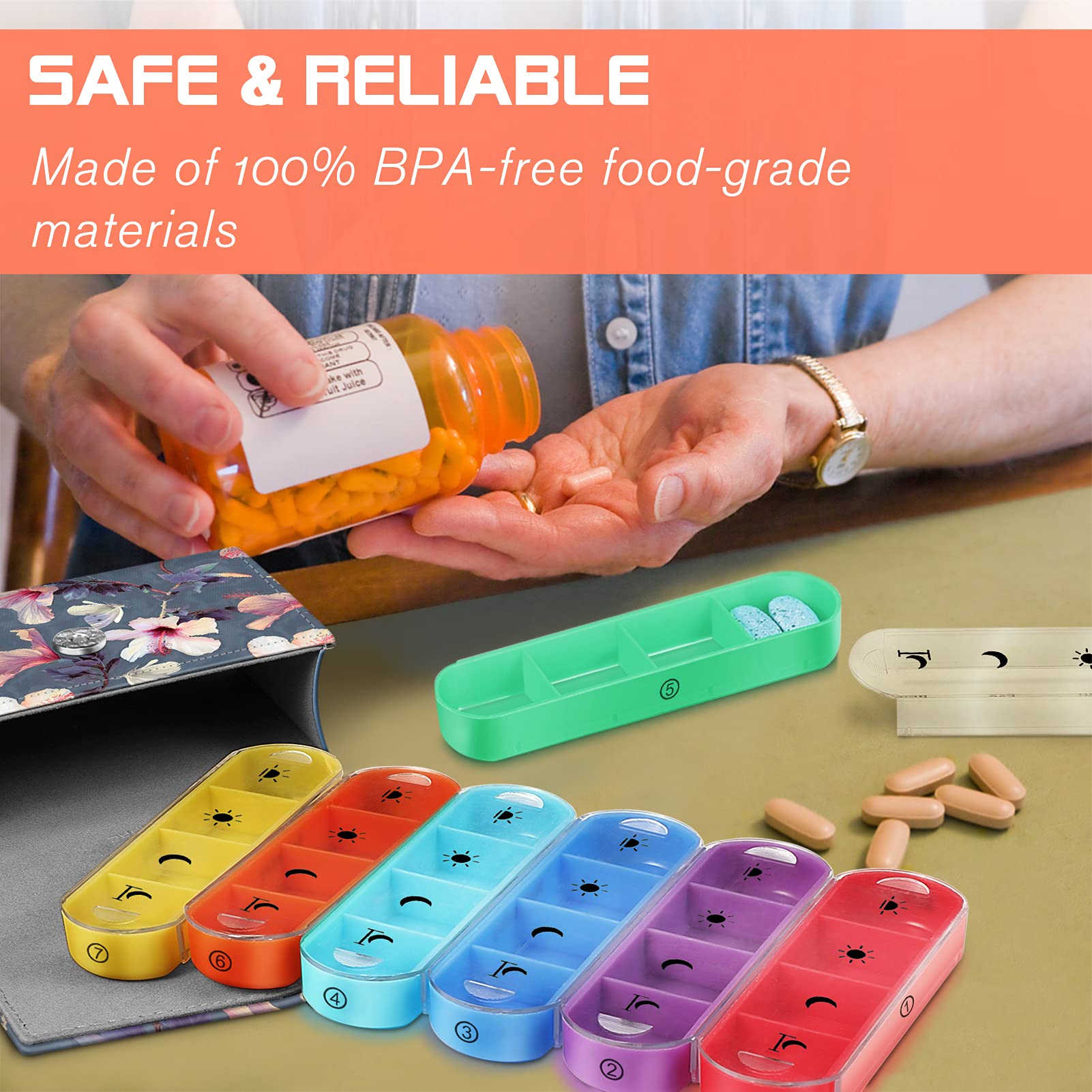 FINPAC Pilulier hebdomadaire avec sacoche en cuir PU, 7 Jours 4 fois par jour Organisateur de pilule de voyage avec carte Nom pour Matin Midi Soir Coucher pour pour vitamines, médecine, Fleur Hibiscus