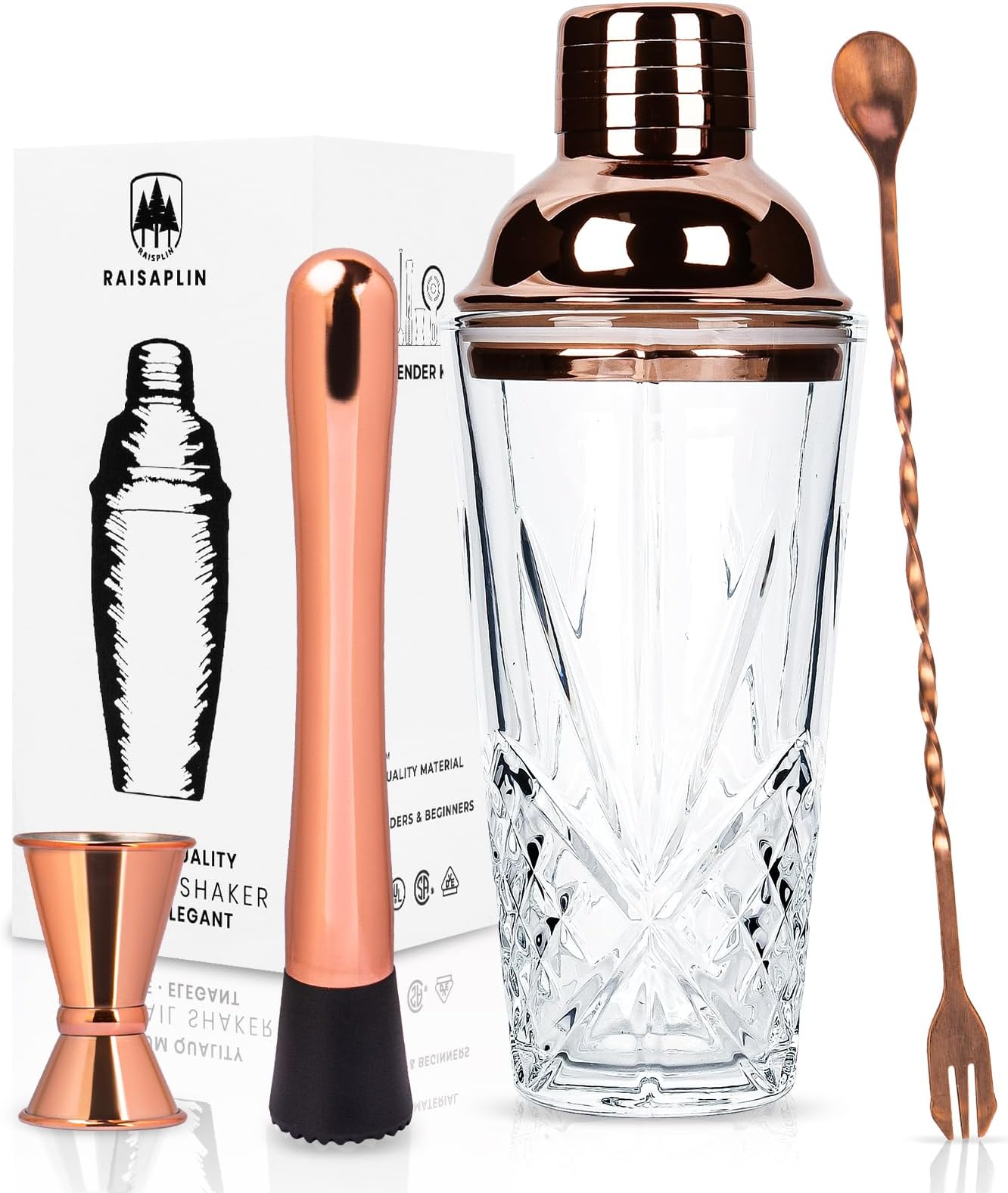 4 Pcs Cocktail Set Mixing Tools for Drinks, Raisaplin Stainless Steel Mixologist Mini Home Bar Bartender Set - Glass Shaker, Fruit Muddler, 25cm Cocktail Spoon, 15ml/ 30ml Double Jigger - Rose Gold